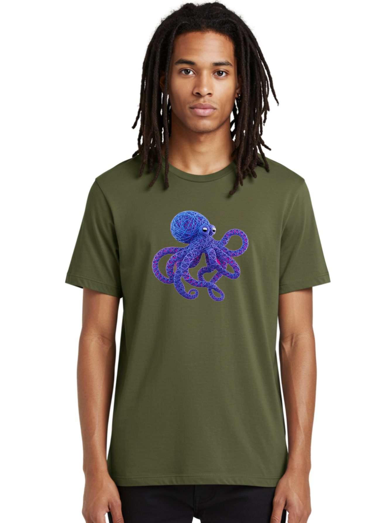 Octopus Men'S Graphic Tee, 100% Cotton, Comfortable Casual Summer Wear, Machine Washable, Colorful Octopus, String Art, Blue And Purple Hues, 3D Illustration, Whimsical Design, Underwater Creature, Artistic Representation, Creative Artwork, Bab049 4