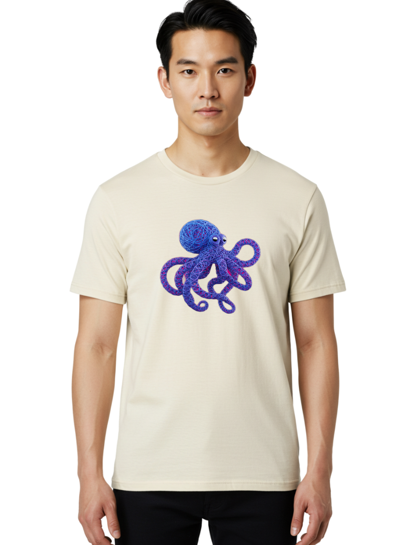 Octopus Men'S Graphic Tee, 100% Cotton, Comfortable Casual Summer Wear, Machine Washable, Colorful Octopus, String Art, Blue And Purple Hues, 3D Illustration, Whimsical Design, Underwater Creature, Artistic Representation, Creative Artwork, Bab049 30