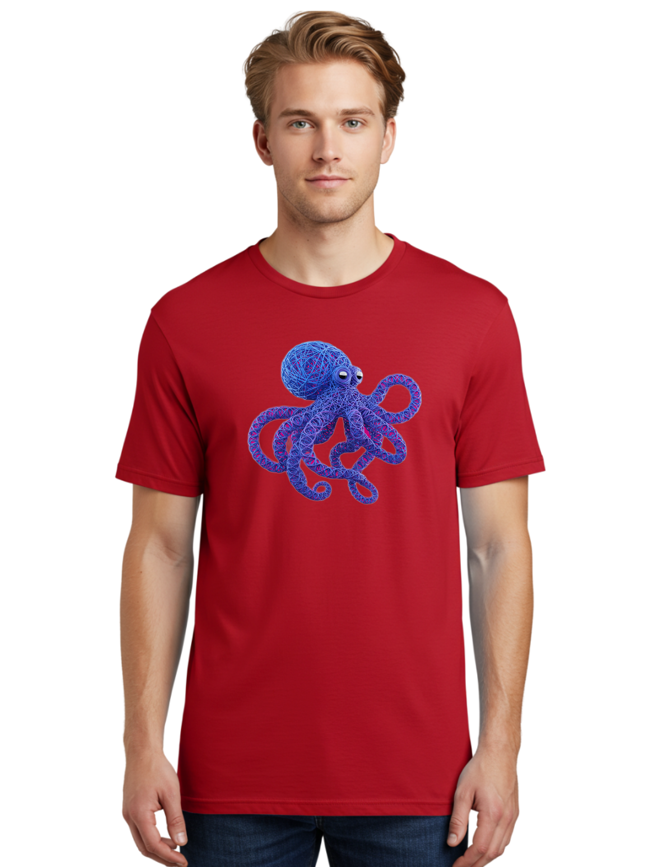 Octopus Men'S Graphic Tee, 100% Cotton, Comfortable Casual Summer Wear, Machine Washable, Colorful Octopus, String Art, Blue And Purple Hues, 3D Illustration, Whimsical Design, Underwater Creature, Artistic Representation, Creative Artwork, Bab049
