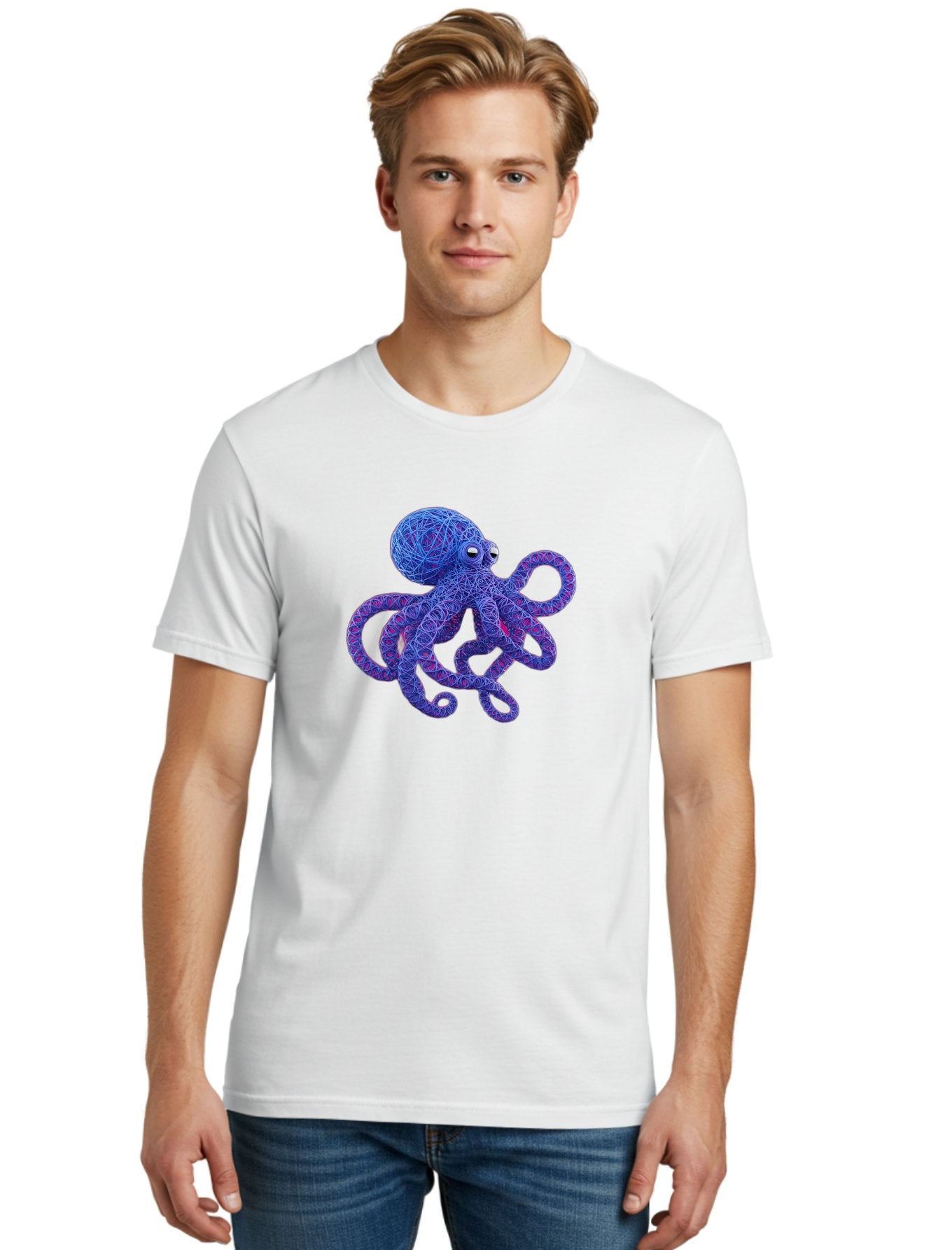 Octopus Men'S Graphic Tee, 100% Cotton, Comfortable Casual Summer Wear, Machine Washable, Colorful Octopus, String Art, Blue And Purple Hues, 3D Illustration, Whimsical Design, Underwater Creature, Artistic Representation, Creative Artwork, Bab049 27