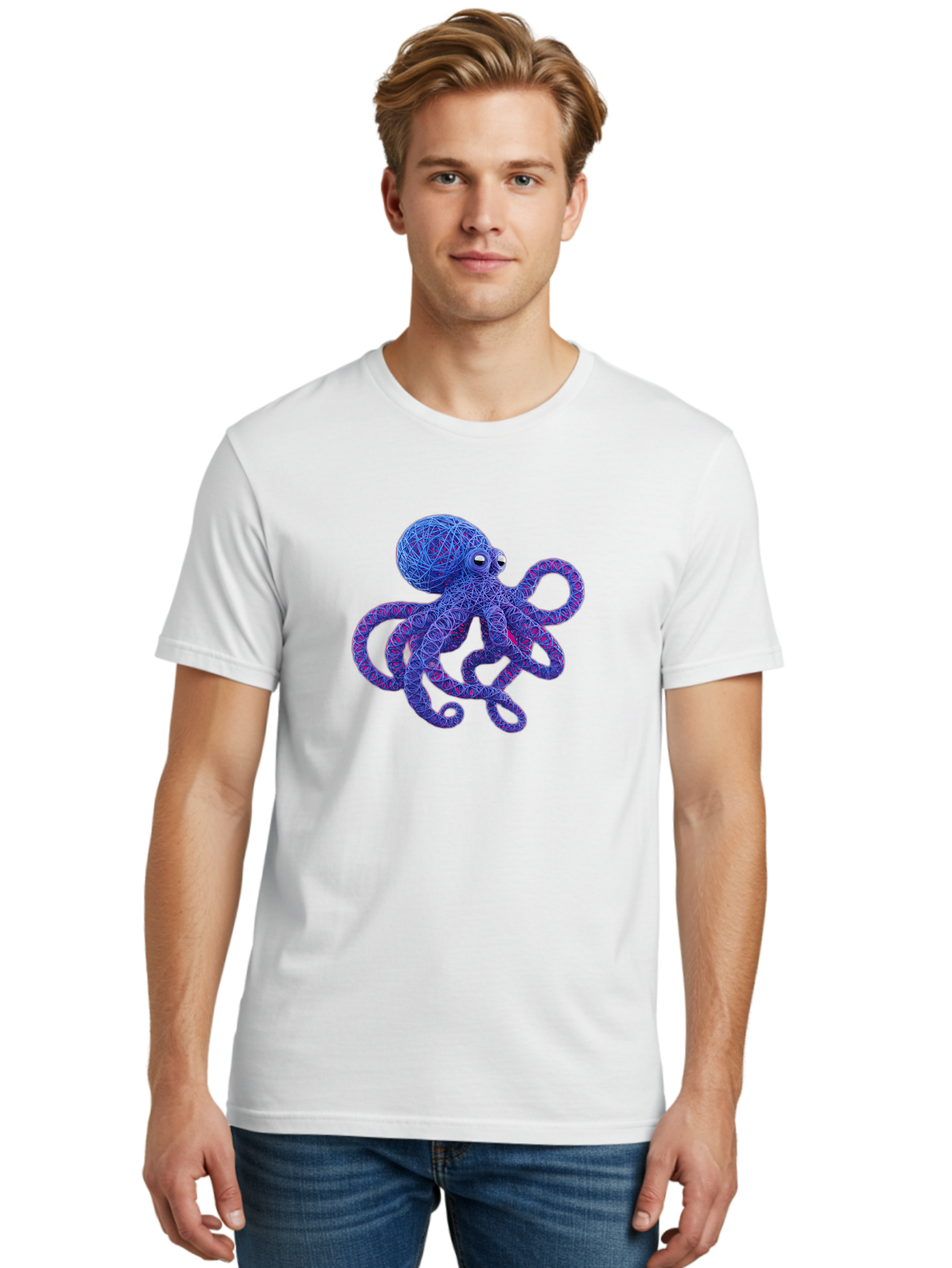 Octopus Men'S Graphic Tee, 100% Cotton, Comfortable Casual Summer Wear, Machine Washable, Colorful Octopus, String Art, Blue And Purple Hues, 3D Illustration, Whimsical Design, Underwater Creature, Artistic Representation, Creative Artwork, Bab049 8