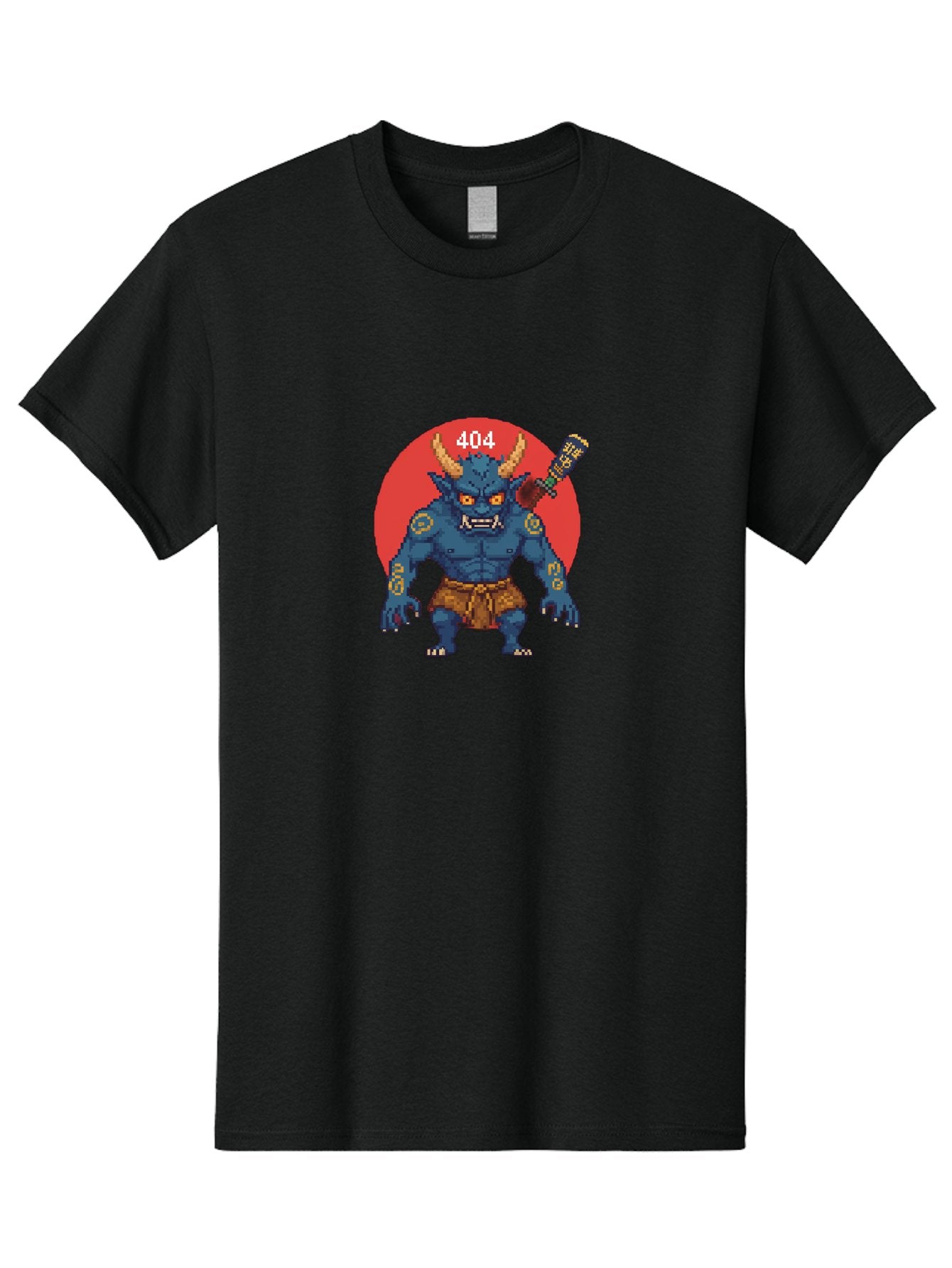 Oni-404 Men'S Graphic Tee, 100% Cotton, Comfortable Casual Summer Wear, Machine Washable, Blue Oni, Pixel Art Illustration, 8-Bit Style, Error 404, Red Circle Background, Gaming Aesthetic, Japanese Folklore, Cartoon Character, Bab051 6