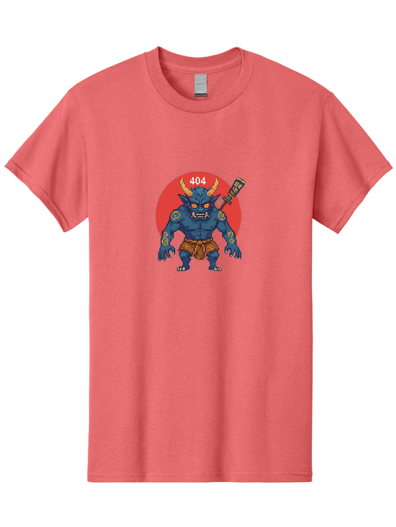Oni-404 Men'S Graphic Tee, 100% Cotton, Comfortable Casual Summer Wear, Machine Washable, Blue Oni, Pixel Art Illustration, 8-Bit Style, Error 404, Red Circle Background, Gaming Aesthetic, Japanese Folklore, Cartoon Character, Bab051