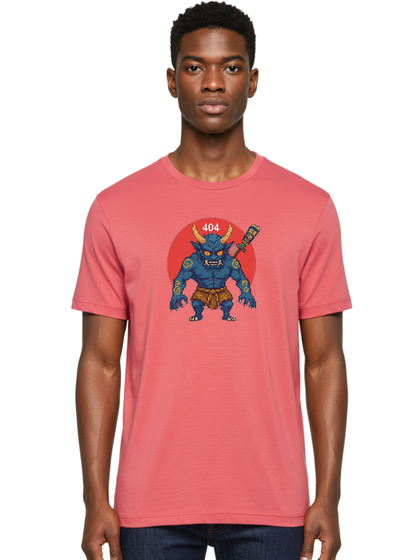 Oni-404 Men'S Graphic Tee, 100% Cotton, Comfortable Casual Summer Wear, Machine Washable, Blue Oni, Pixel Art Illustration, 8-Bit Style, Error 404, Red Circle Background, Gaming Aesthetic, Japanese Folklore, Cartoon Character, Bab051