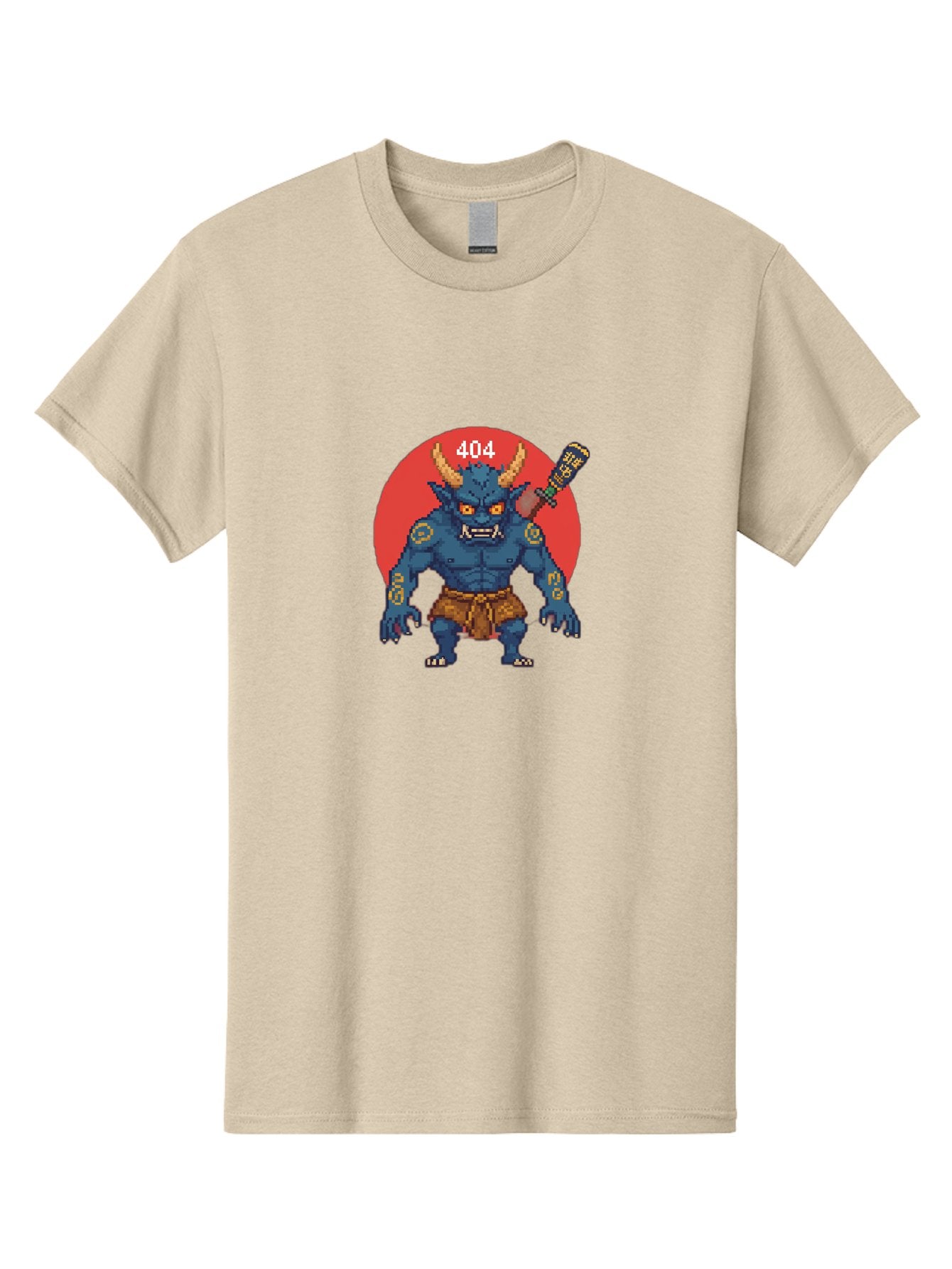 Oni-404 Men'S Graphic Tee, 100% Cotton, Comfortable Casual Summer Wear, Machine Washable, Blue Oni, Pixel Art Illustration, 8-Bit Style, Error 404, Red Circle Background, Gaming Aesthetic, Japanese Folklore, Cartoon Character, Bab051 14