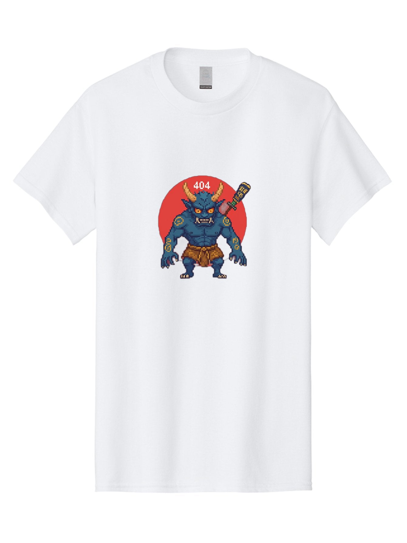Oni-404 Men'S Graphic Tee, 100% Cotton, Comfortable Casual Summer Wear, Machine Washable, Blue Oni, Pixel Art Illustration, 8-Bit Style, Error 404, Red Circle Background, Gaming Aesthetic, Japanese Folklore, Cartoon Character, Bab051 13