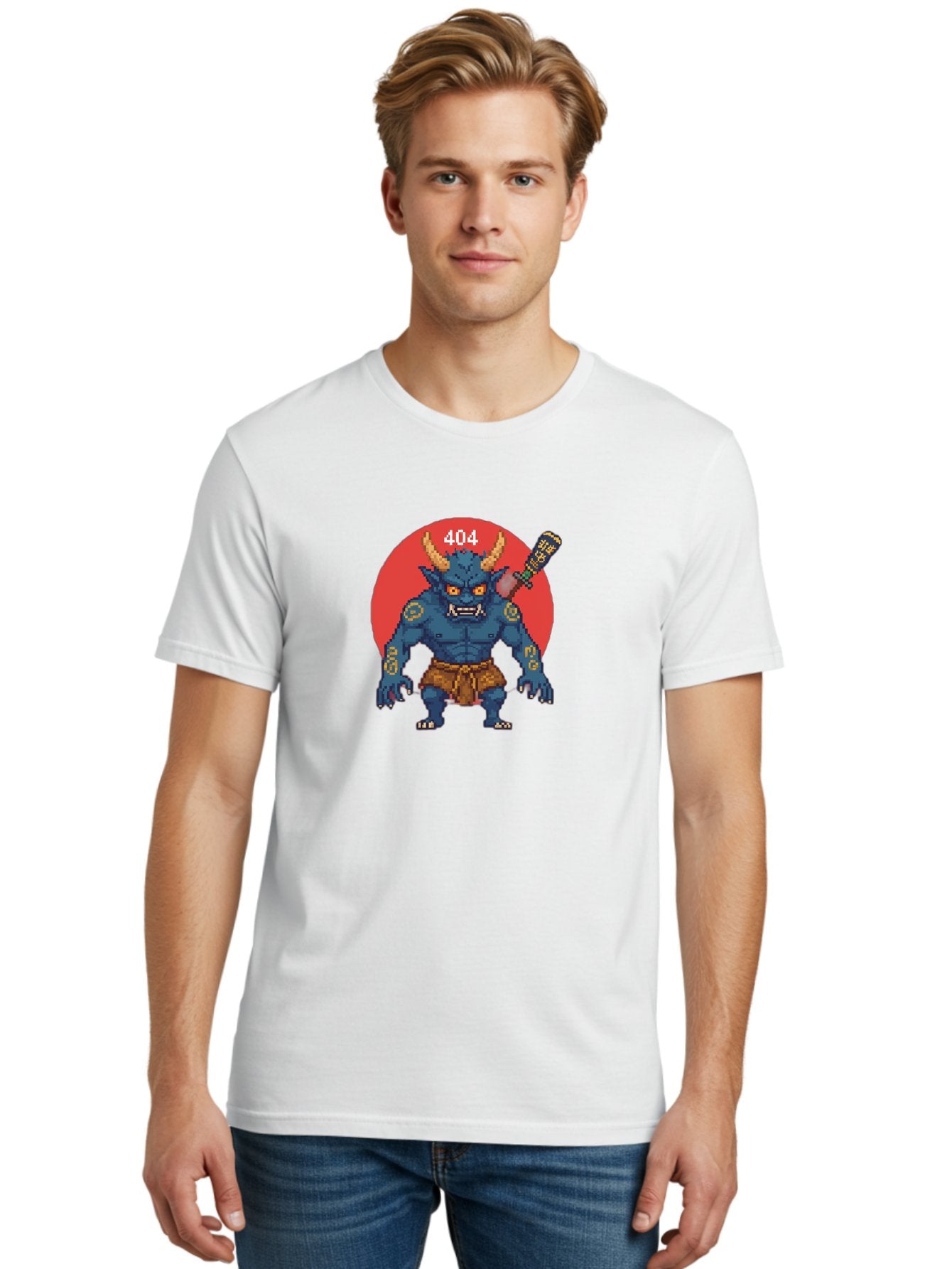 Oni-404 Men'S Graphic Tee, 100% Cotton, Comfortable Casual Summer Wear, Machine Washable, Blue Oni, Pixel Art Illustration, 8-Bit Style, Error 404, Red Circle Background, Gaming Aesthetic, Japanese Folklore, Cartoon Character, Bab051 20