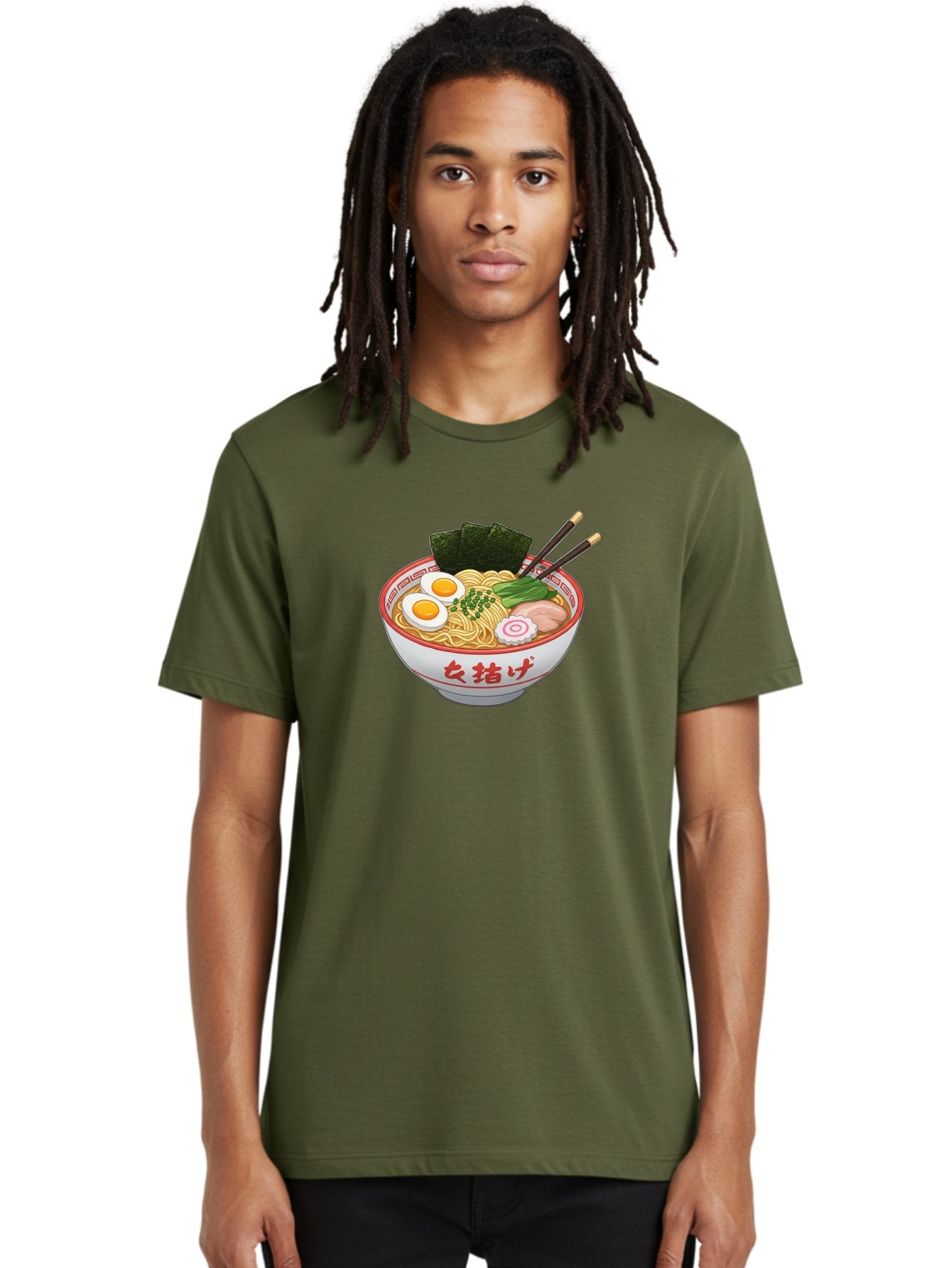 Onna-Jirage-Ramen Men'S Graphic Tee, 100% Cotton, Comfortable Casual Summer Wear, Machine Washable, Ramen Bowl, Noodle Soup, Boiled Egg, Green Onions, Seaweed, Pork Slices, Narutomaki, Chopsticks, Japanese Cuisine, Onna Zuke Bab053 27