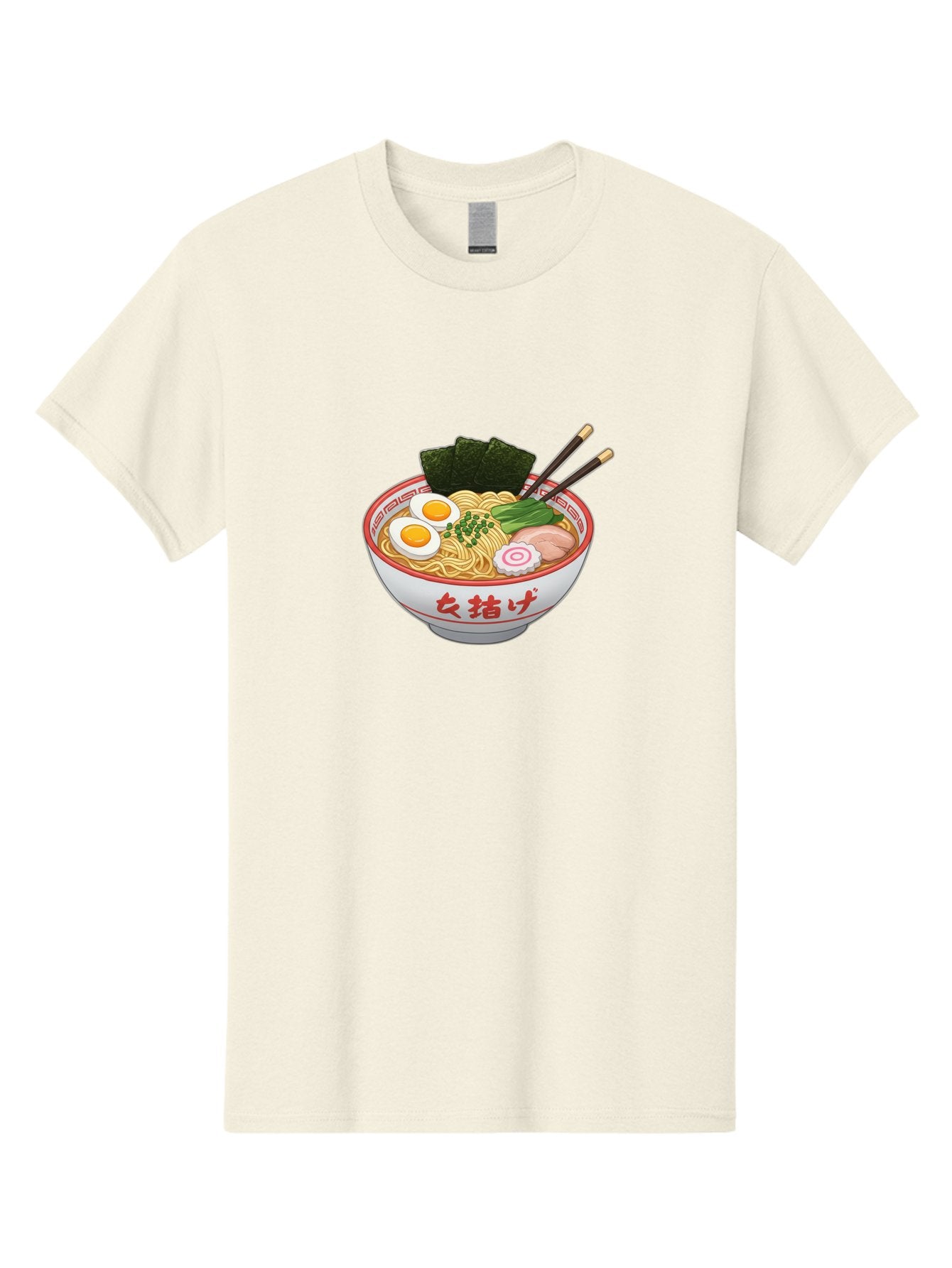 Onna-Jirage-Ramen Men'S Graphic Tee, 100% Cotton, Comfortable Casual Summer Wear, Machine Washable, Ramen Bowl, Noodle Soup, Boiled Egg, Green Onions, Seaweed, Pork Slices, Narutomaki, Chopsticks, Japanese Cuisine, Onna Zuke Bab053