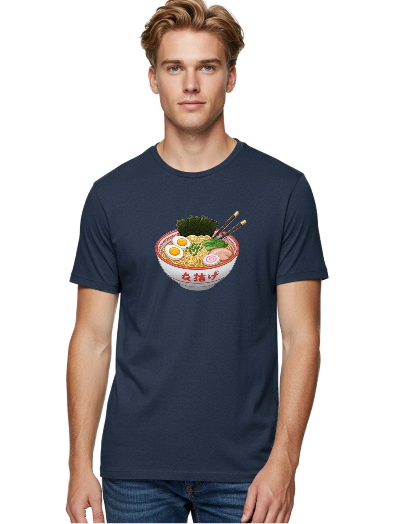 Onna-Jirage-Ramen Men'S Graphic Tee, 100% Cotton, Comfortable Casual Summer Wear, Machine Washable, Ramen Bowl, Noodle Soup, Boiled Egg, Green Onions, Seaweed, Pork Slices, Narutomaki, Chopsticks, Japanese Cuisine, Onna Zuke Bab053 18