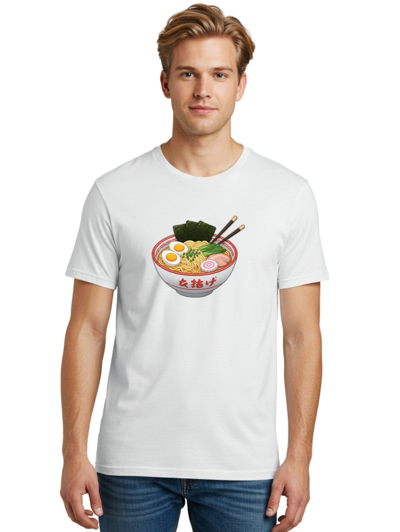 Onna-Jirage-Ramen Men'S Graphic Tee, 100% Cotton, Comfortable Casual Summer Wear, Machine Washable, Ramen Bowl, Noodle Soup, Boiled Egg, Green Onions, Seaweed, Pork Slices, Narutomaki, Chopsticks, Japanese Cuisine, Onna Zuke Bab053 24