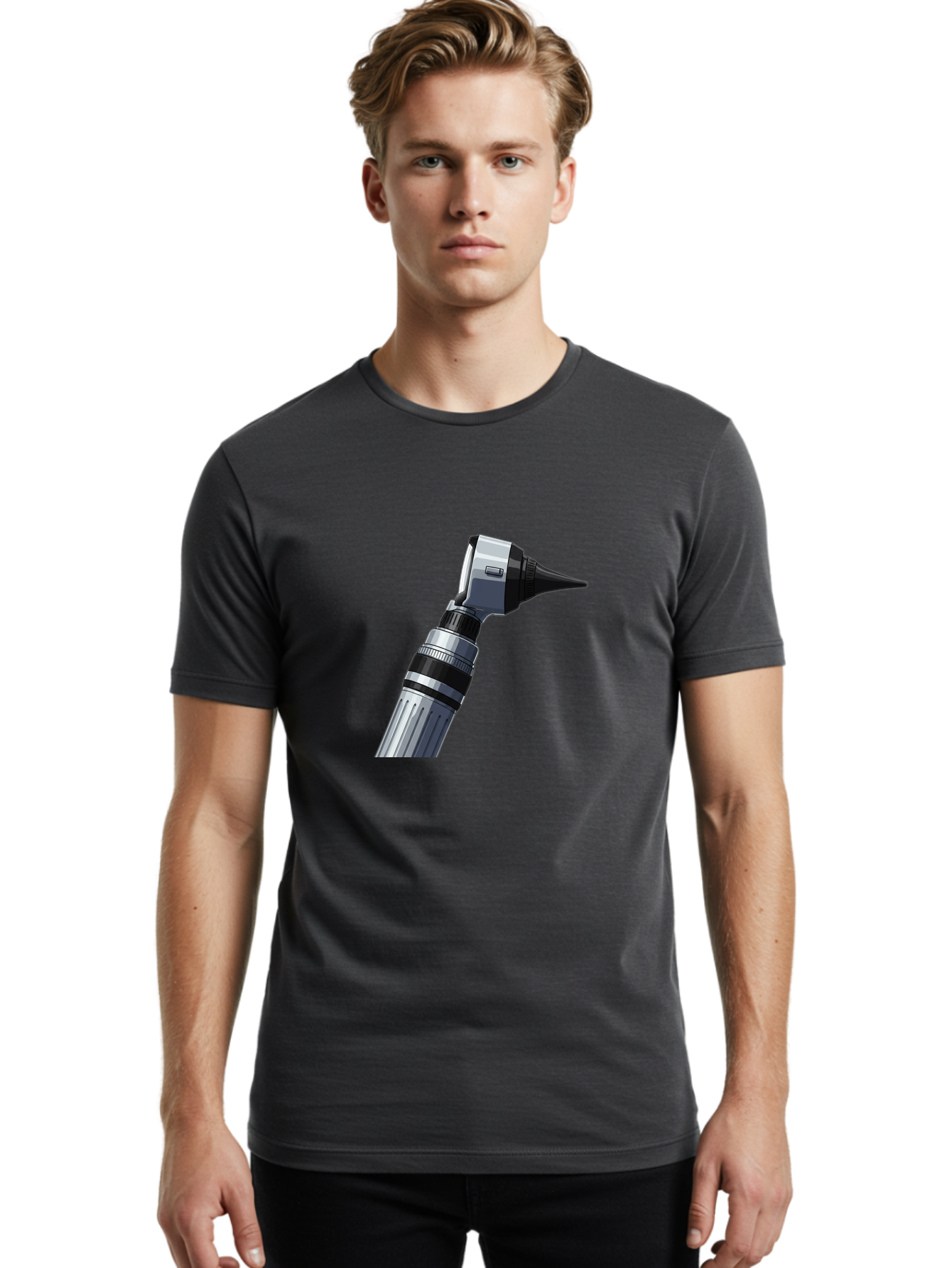 Otoscope Men'S Graphic Tee, 100% Cotton, Comfortable Casual Summer Wear, Machine Washable, Otoscope For Ear Examination, Medical Device, Healthcare Equipment, Doctor'S Tool, Silver And Black Design, Ear Inspection Bab059 16