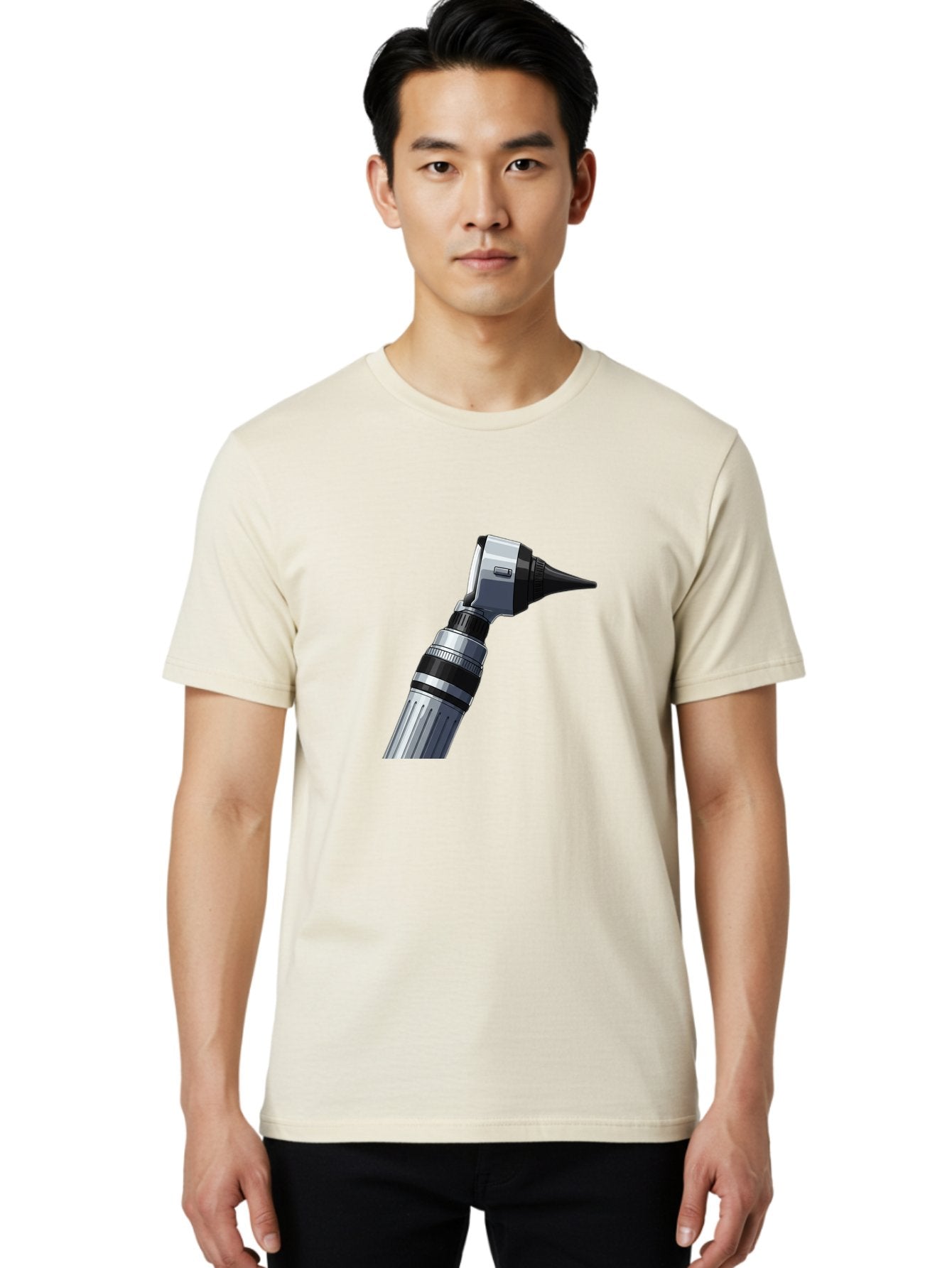 Otoscope Men'S Graphic Tee, 100% Cotton, Comfortable Casual Summer Wear, Machine Washable, Otoscope For Ear Examination, Medical Device, Healthcare Equipment, Doctor'S Tool, Silver And Black Design, Ear Inspection Bab059 30