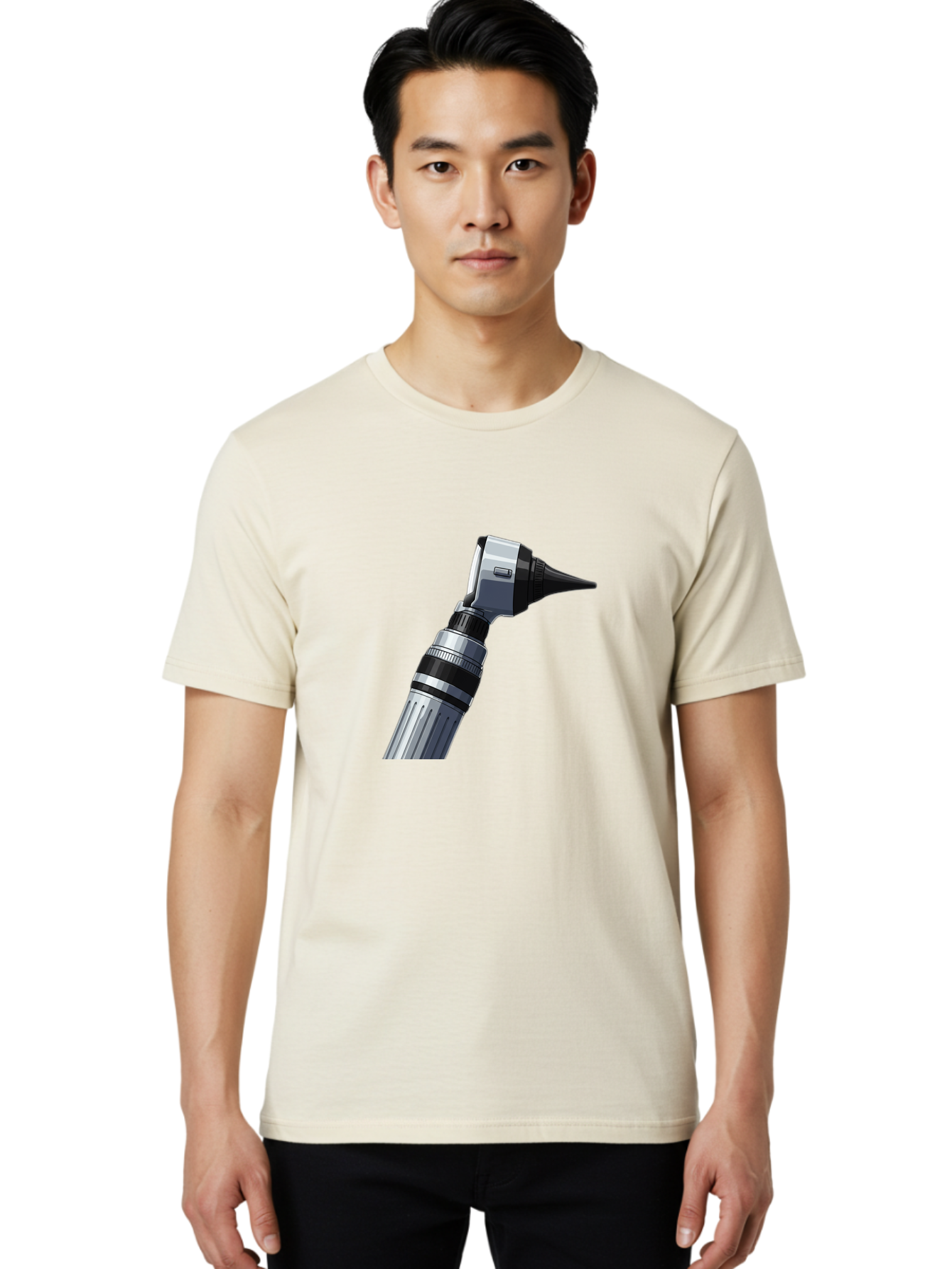 Otoscope Men'S Graphic Tee, 100% Cotton, Comfortable Casual Summer Wear, Machine Washable, Otoscope For Ear Examination, Medical Device, Healthcare Equipment, Doctor'S Tool, Silver And Black Design, Ear Inspection Bab059