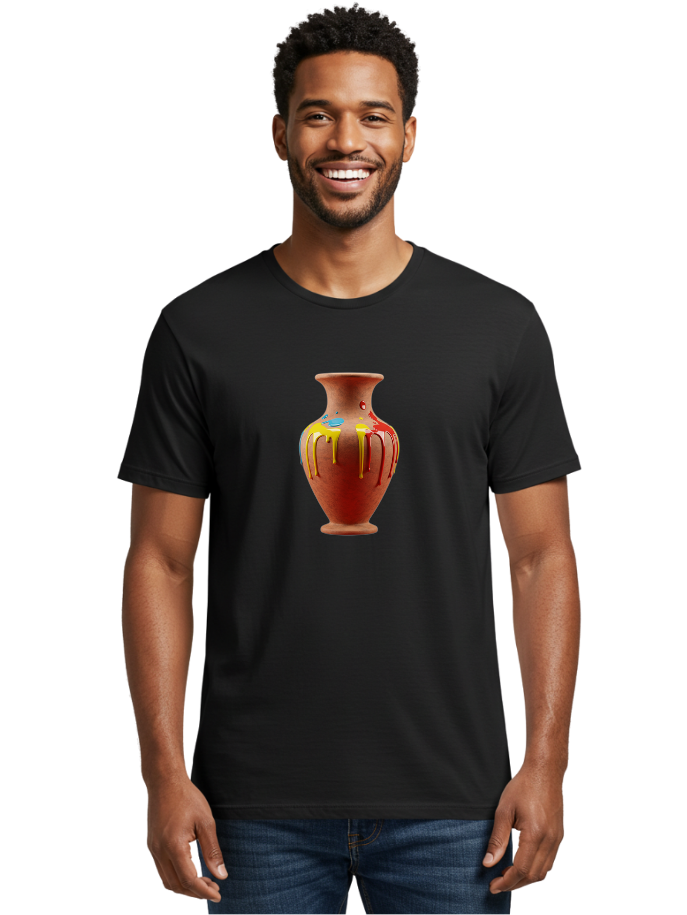 Painted-Clay-Pot Men'S Graphic Tee, 100% Cotton, Comfortable Casual Summer Wear, Machine Washable, Painted Clay Vase, Pottery Art, Colorful Drip Design, Artistic Expression, Vibrant Colors, Handmade Decor, Unique Pottery, Decorative Vase, Bab062 4