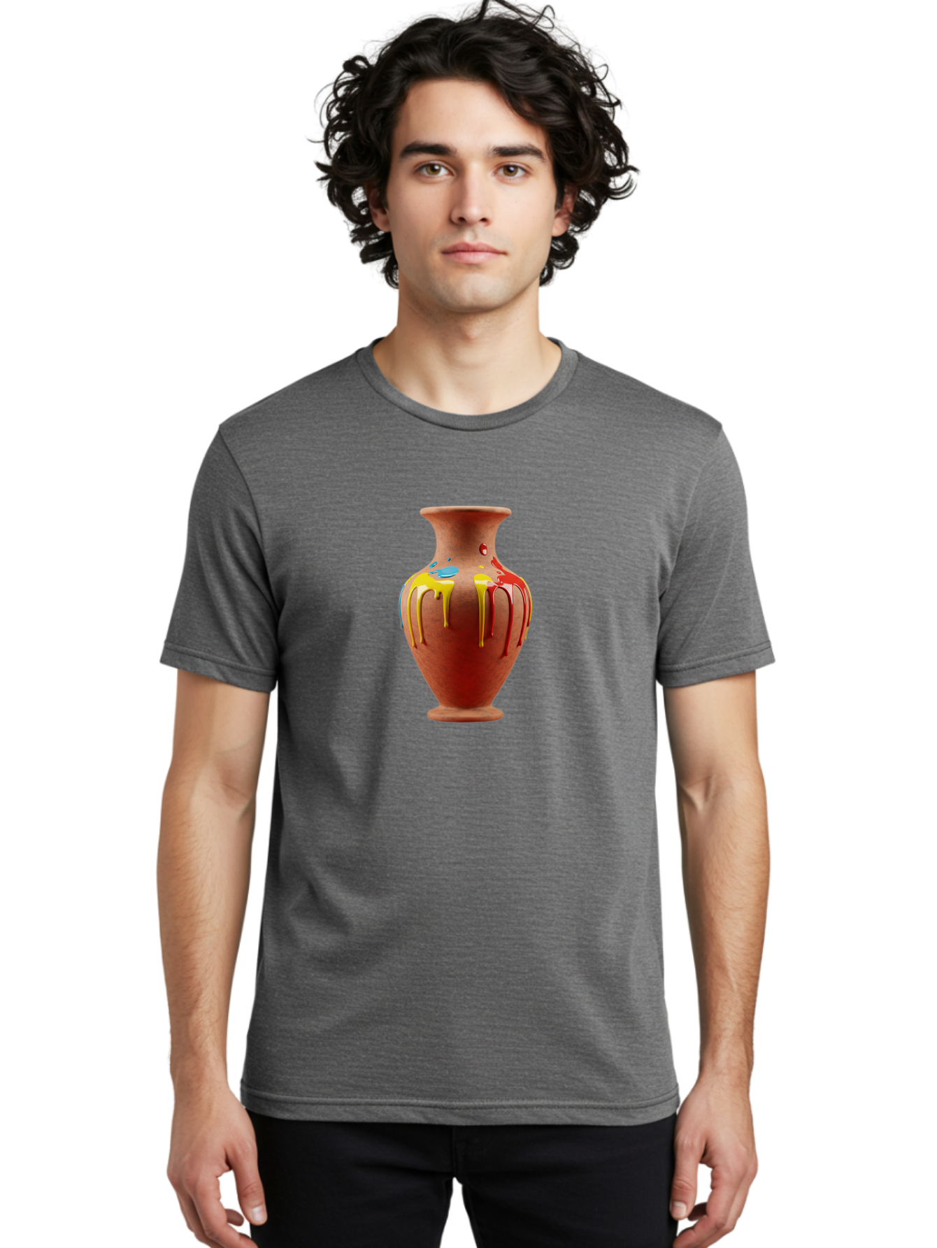 Painted-Clay-Pot Men'S Graphic Tee, 100% Cotton, Comfortable Casual Summer Wear, Machine Washable, Painted Clay Vase, Pottery Art, Colorful Drip Design, Artistic Expression, Vibrant Colors, Handmade Decor, Unique Pottery, Decorative Vase, Bab062 18