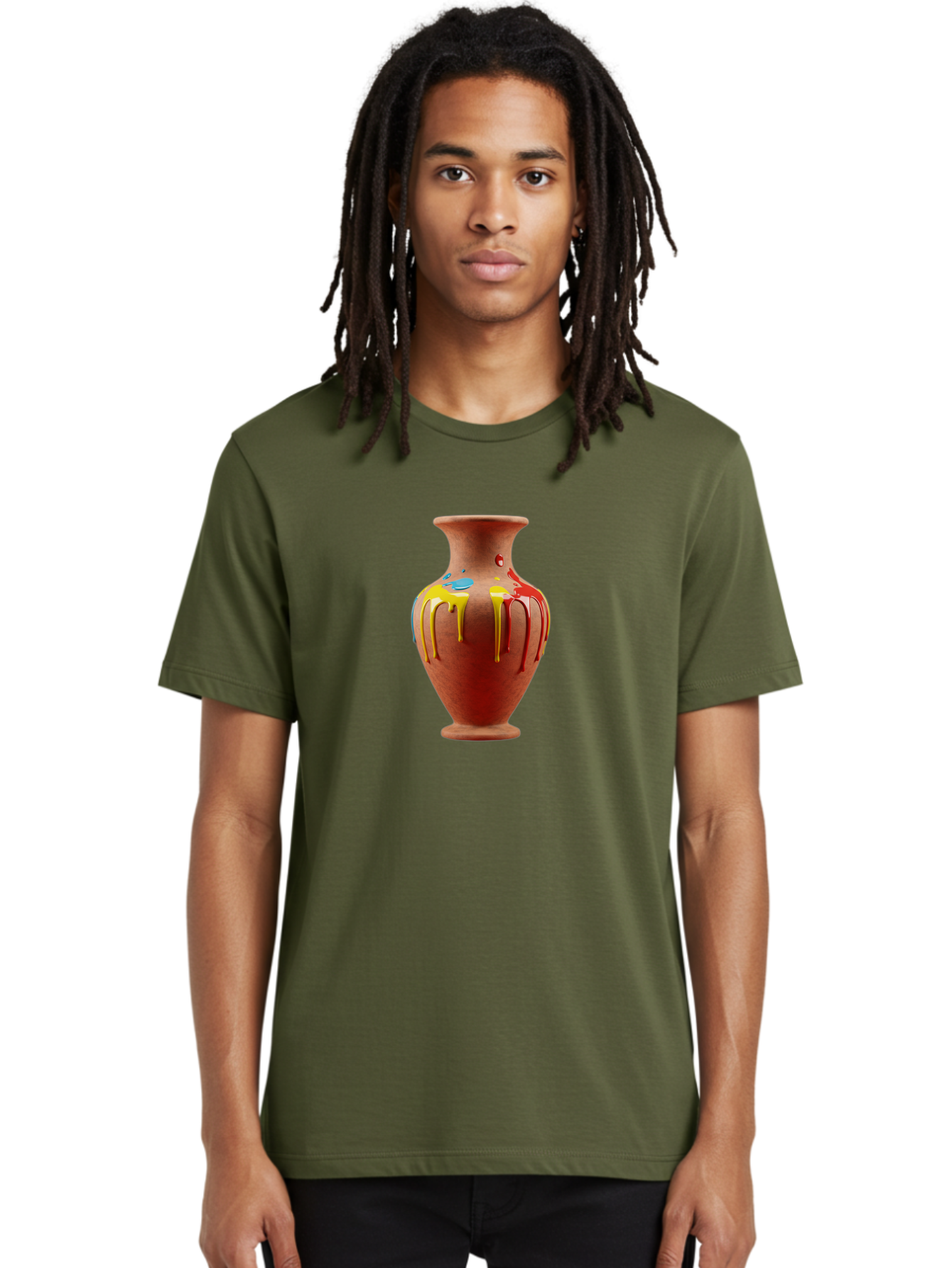 Painted-Clay-Pot Men'S Graphic Tee, 100% Cotton, Comfortable Casual Summer Wear, Machine Washable, Painted Clay Vase, Pottery Art, Colorful Drip Design, Artistic Expression, Vibrant Colors, Handmade Decor, Unique Pottery, Decorative Vase, Bab062