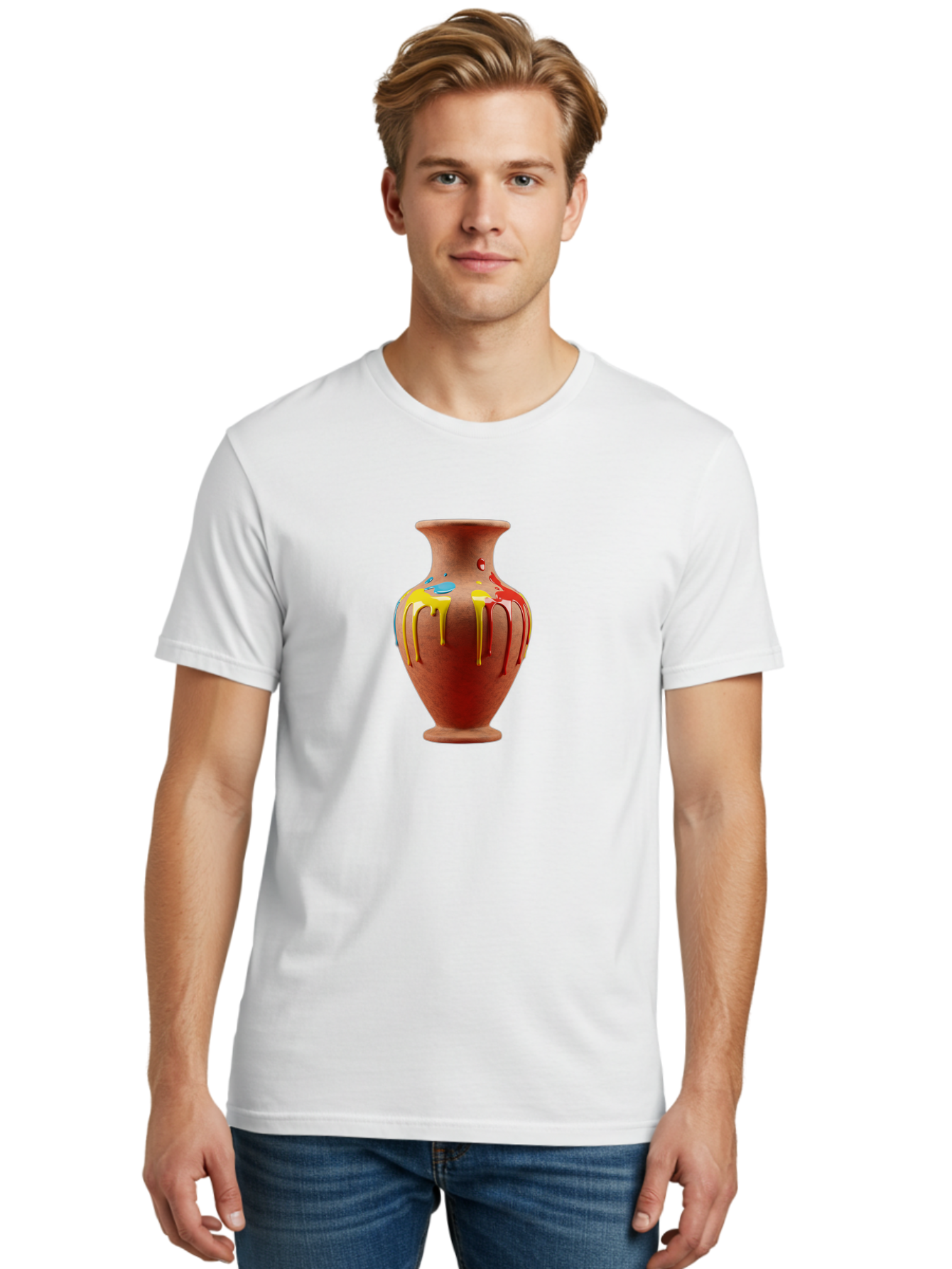 Painted-Clay-Pot Men'S Graphic Tee, 100% Cotton, Comfortable Casual Summer Wear, Machine Washable, Painted Clay Vase, Pottery Art, Colorful Drip Design, Artistic Expression, Vibrant Colors, Handmade Decor, Unique Pottery, Decorative Vase, Bab062 8