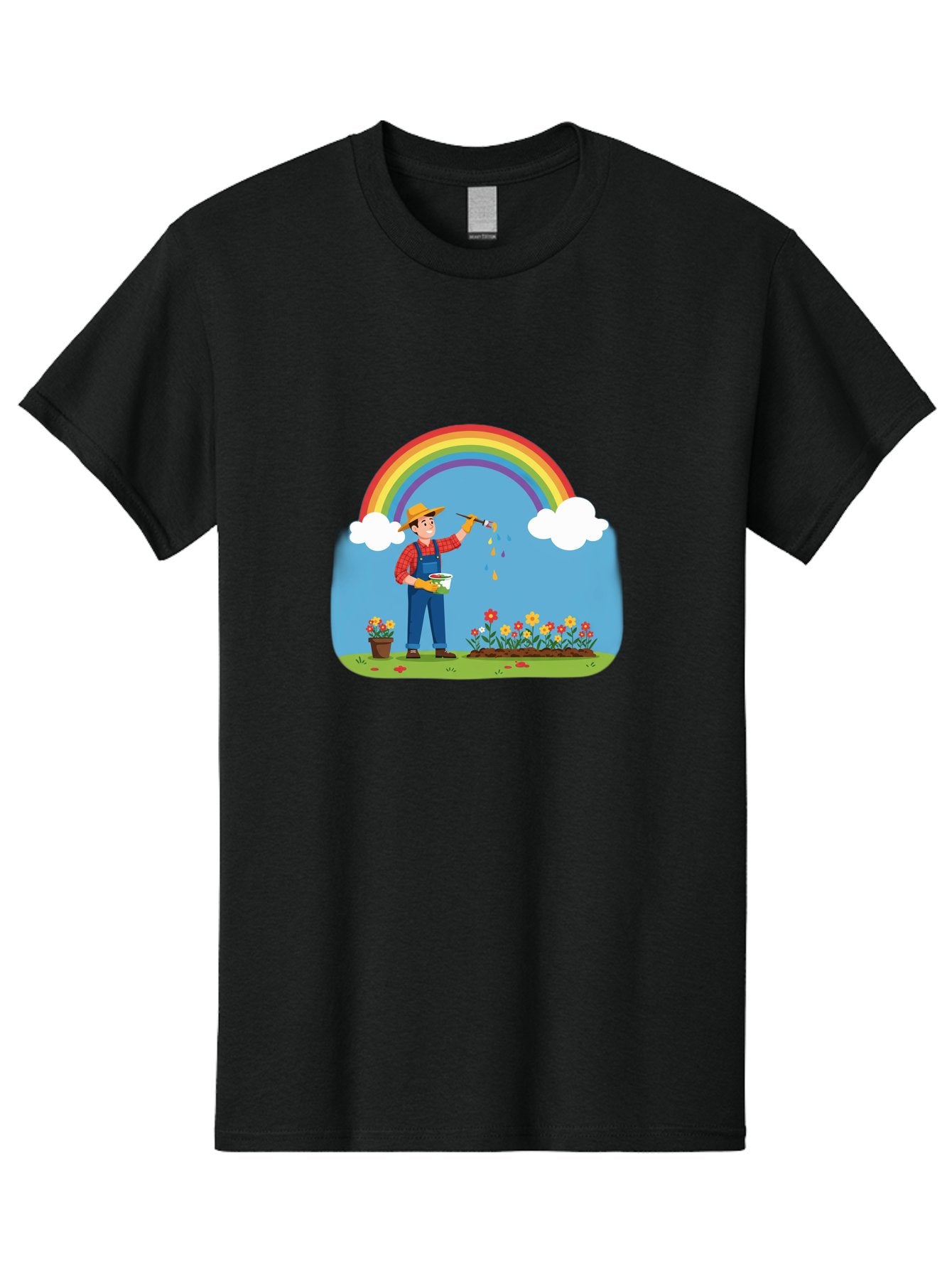 Painter-Under-Rainbow Men'S Graphic Tee, 100% Cotton, Comfortable Casual Summer Wear, Machine Washable, Painter Man, Rainbow Colors, Vibrant Flowers, Creative Painting, Colorful Artwork, Artistic Expression, Gardening Delight, Fantasy Garden Bab063 10