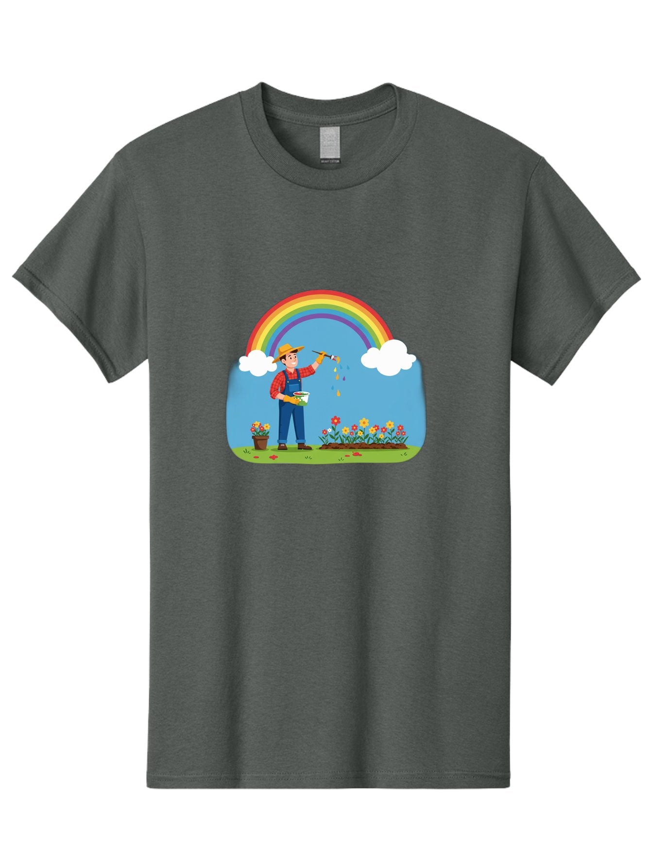 Painter-Under-Rainbow Men'S Graphic Tee, 100% Cotton, Comfortable Casual Summer Wear, Machine Washable, Painter Man, Rainbow Colors, Vibrant Flowers, Creative Painting, Colorful Artwork, Artistic Expression, Gardening Delight, Fantasy Garden Bab063 14
