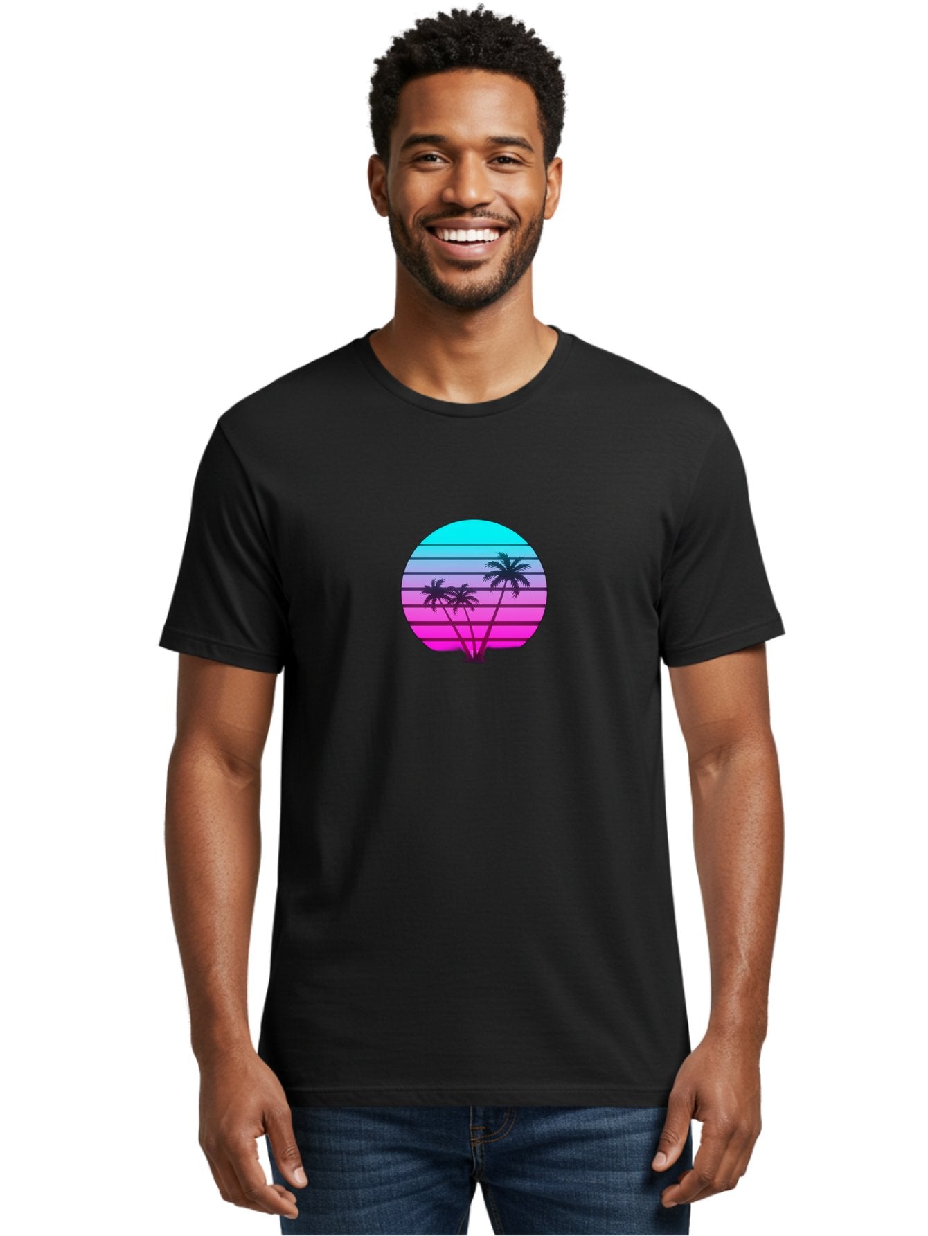 Palm-Trees Men'S Graphic Tee, 100% Cotton, Comfortable Casual Summer Wear, Machine Washable, Retro Futurism, Synthwave Aesthetic, Pastel Colors, Palm Trees, Gradient Effect, Vaporwave Style, 80S Vibe, Futuristic Landscape, Tropical Scene, Bab065 20