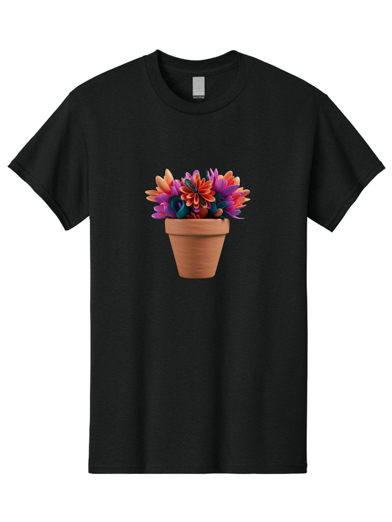 Paper-Flowers-In-Terracotta-Pot Men'S Graphic Tee, 100% Cotton, Comfortable Casual Summer Wear, Machine Washable, Paper Flowers In Pot, Colorful Blooms, Vibrant Petals, Creative Decoration, Handmade Art, Floral Arrangement, Orange, Purple, Bab066