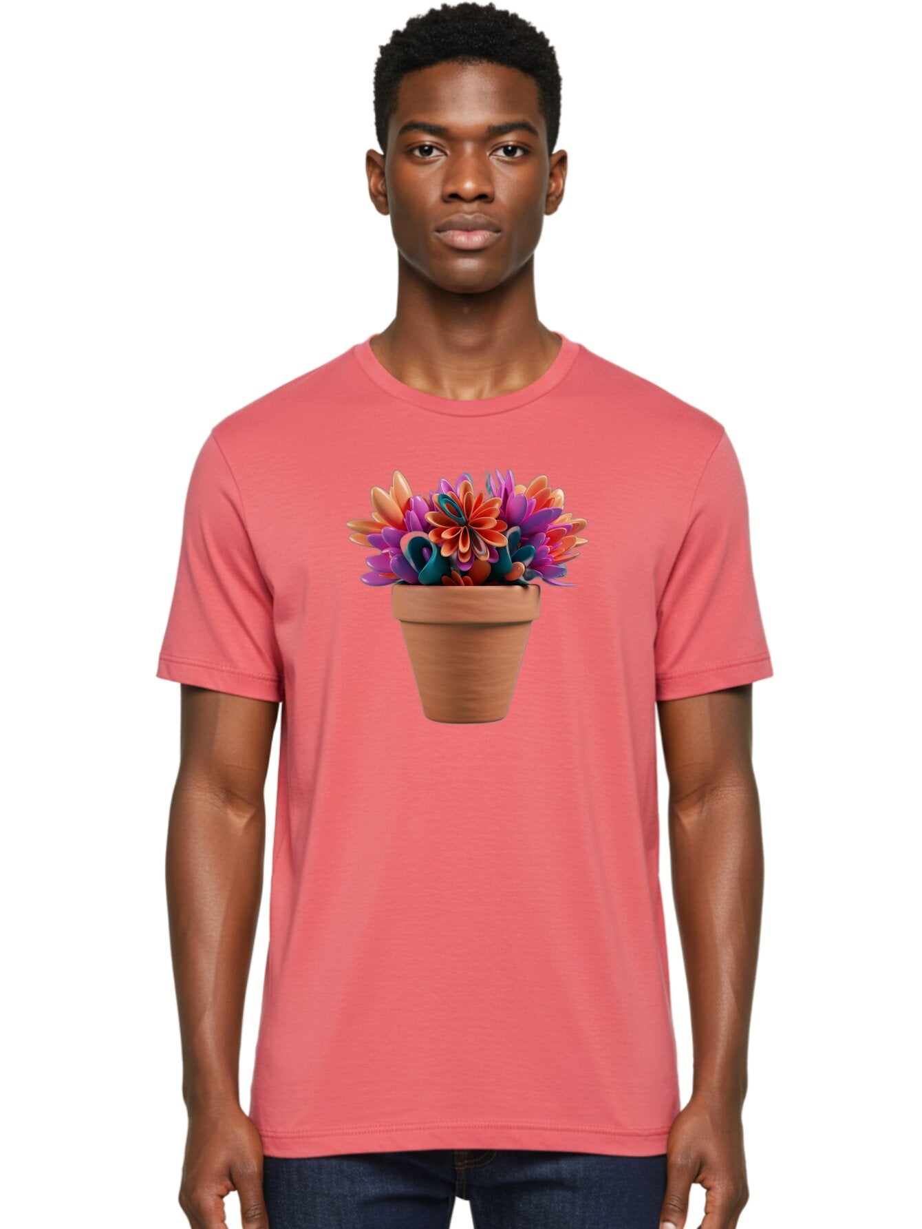 Paper-Flowers-In-Terracotta-Pot Men'S Graphic Tee, 100% Cotton, Comfortable Casual Summer Wear, Machine Washable, Paper Flowers In Pot, Colorful Blooms, Vibrant Petals, Creative Decoration, Handmade Art, Floral Arrangement, Orange, Purple, Bab066 23