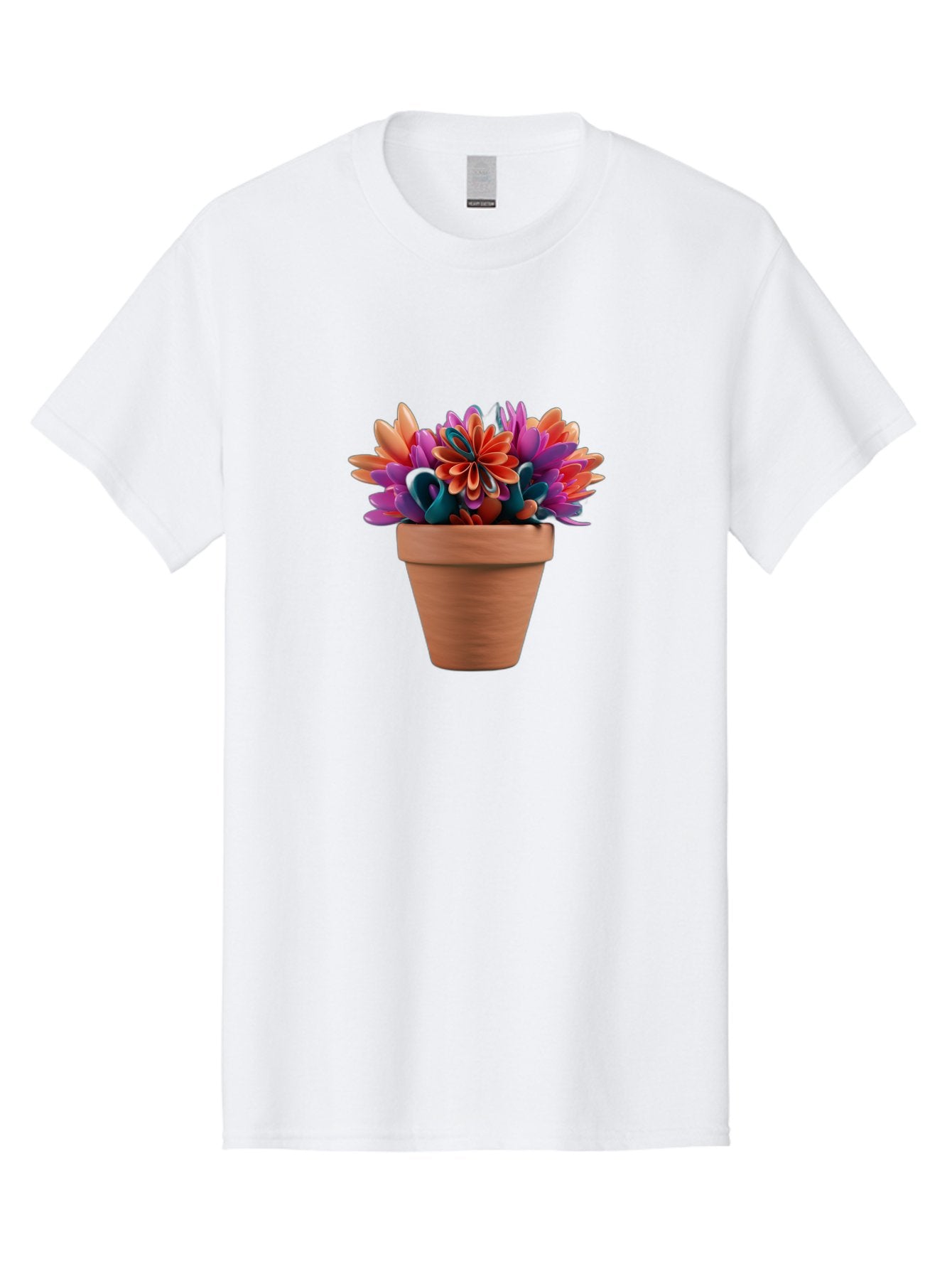 Paper-Flowers-In-Terracotta-Pot Men'S Graphic Tee, 100% Cotton, Comfortable Casual Summer Wear, Machine Washable, Paper Flowers In Pot, Colorful Blooms, Vibrant Petals, Creative Decoration, Handmade Art, Floral Arrangement, Orange, Purple, Bab066