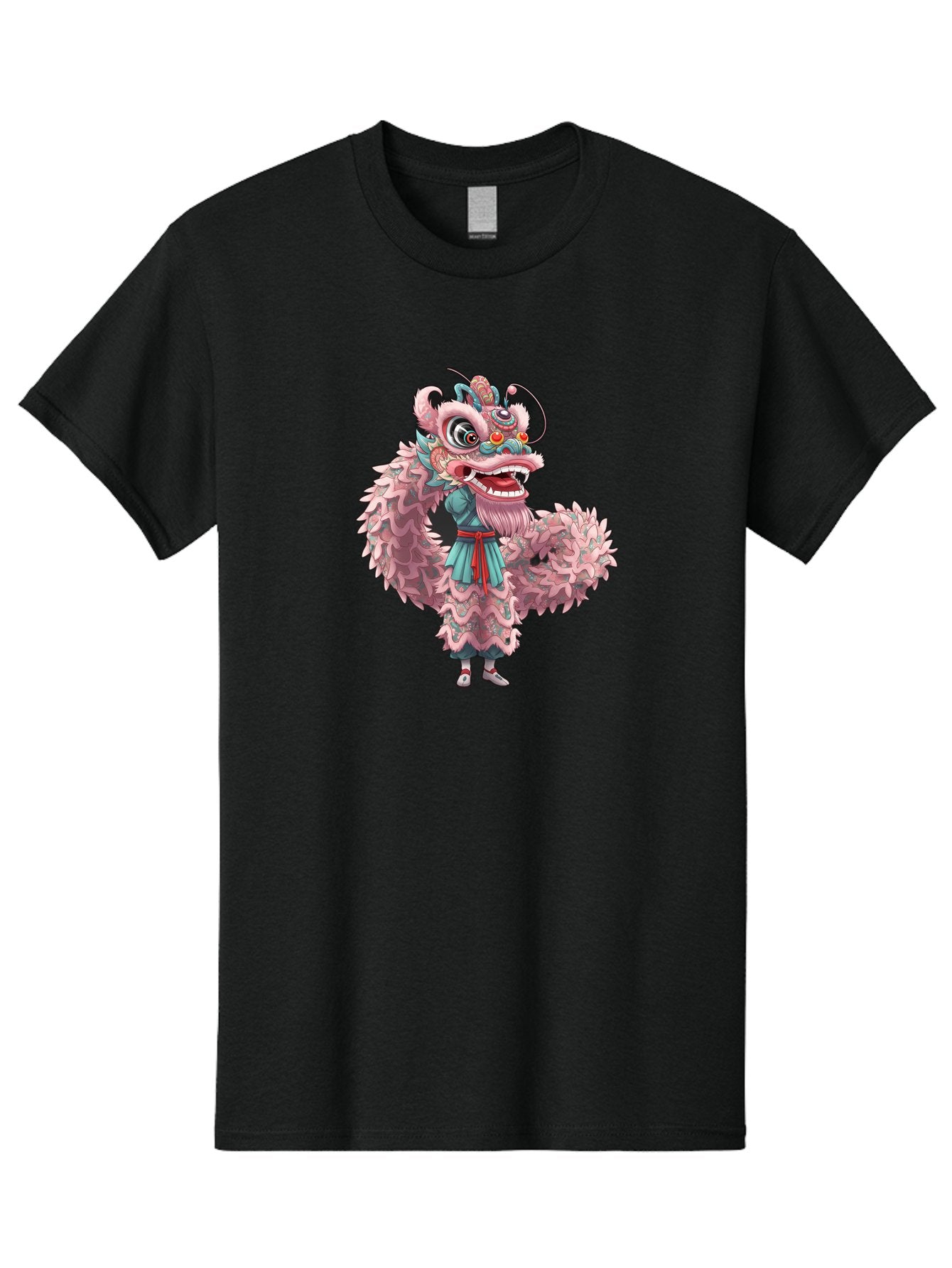 Pastel-Lion-Dance-Costume Men'S Graphic Tee, 100% Cotton, Comfortable Casual Summer Wear, Machine Washable, Lion Dance Costume, Traditional Chinese Dance, Cultural Heritage, Festive Atmosphere, Vibrant Colors, Pink Lion, Teal Robes, Red Sash, Bab068 13