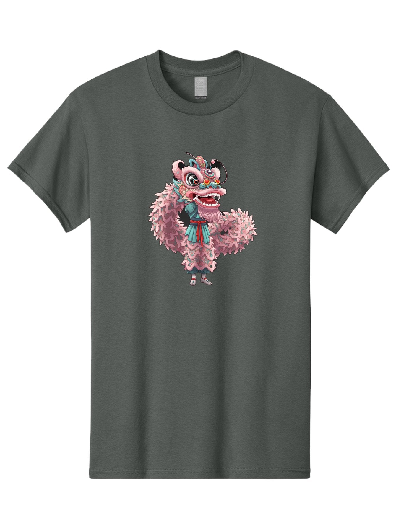 Pastel-Lion-Dance-Costume Men'S Graphic Tee, 100% Cotton, Comfortable Casual Summer Wear, Machine Washable, Lion Dance Costume, Traditional Chinese Dance, Cultural Heritage, Festive Atmosphere, Vibrant Colors, Pink Lion, Teal Robes, Red Sash, Bab068 9