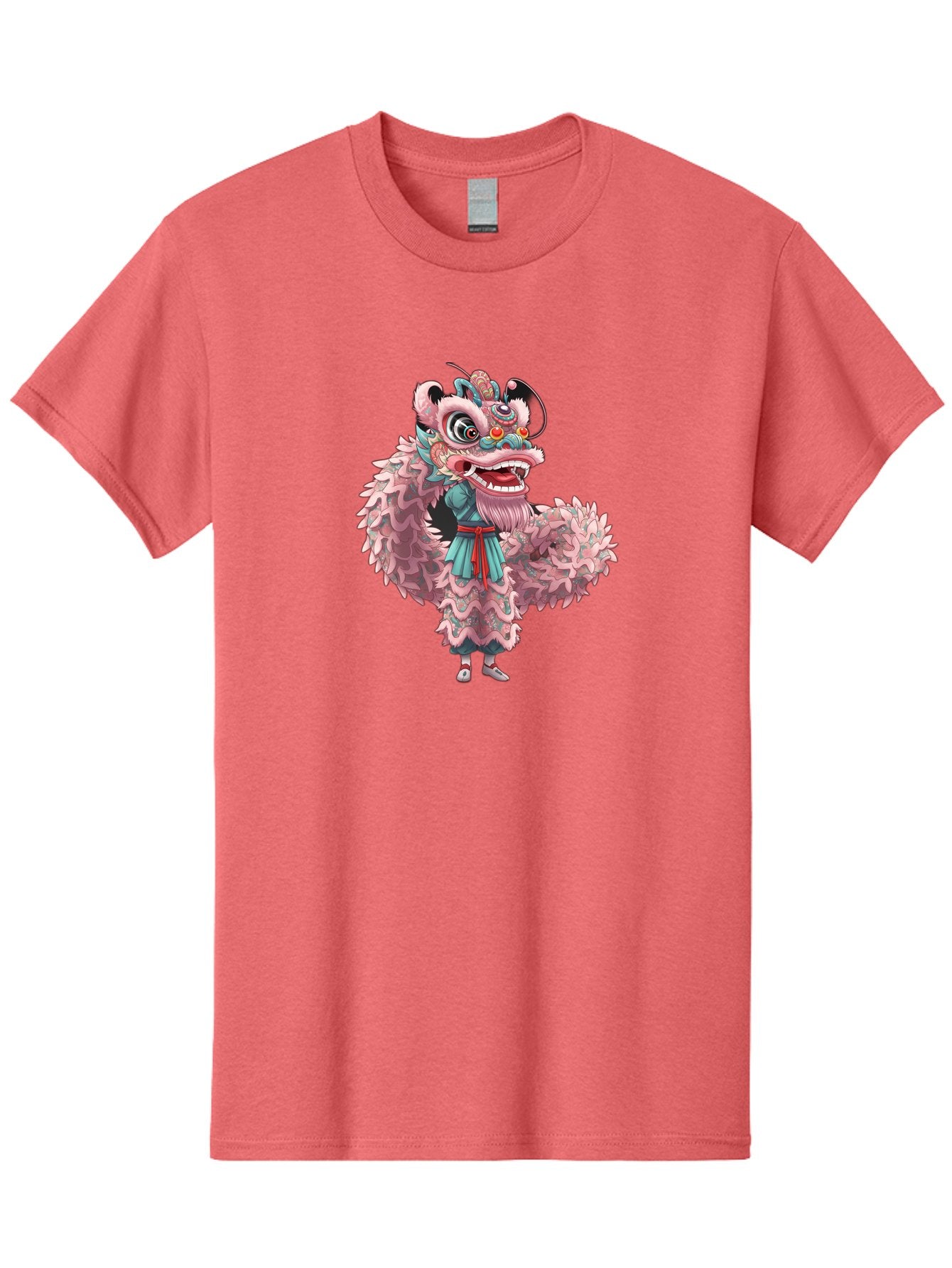 Pastel-Lion-Dance-Costume Men'S Graphic Tee, 100% Cotton, Comfortable Casual Summer Wear, Machine Washable, Lion Dance Costume, Traditional Chinese Dance, Cultural Heritage, Festive Atmosphere, Vibrant Colors, Pink Lion, Teal Robes, Red Sash, Bab068 4