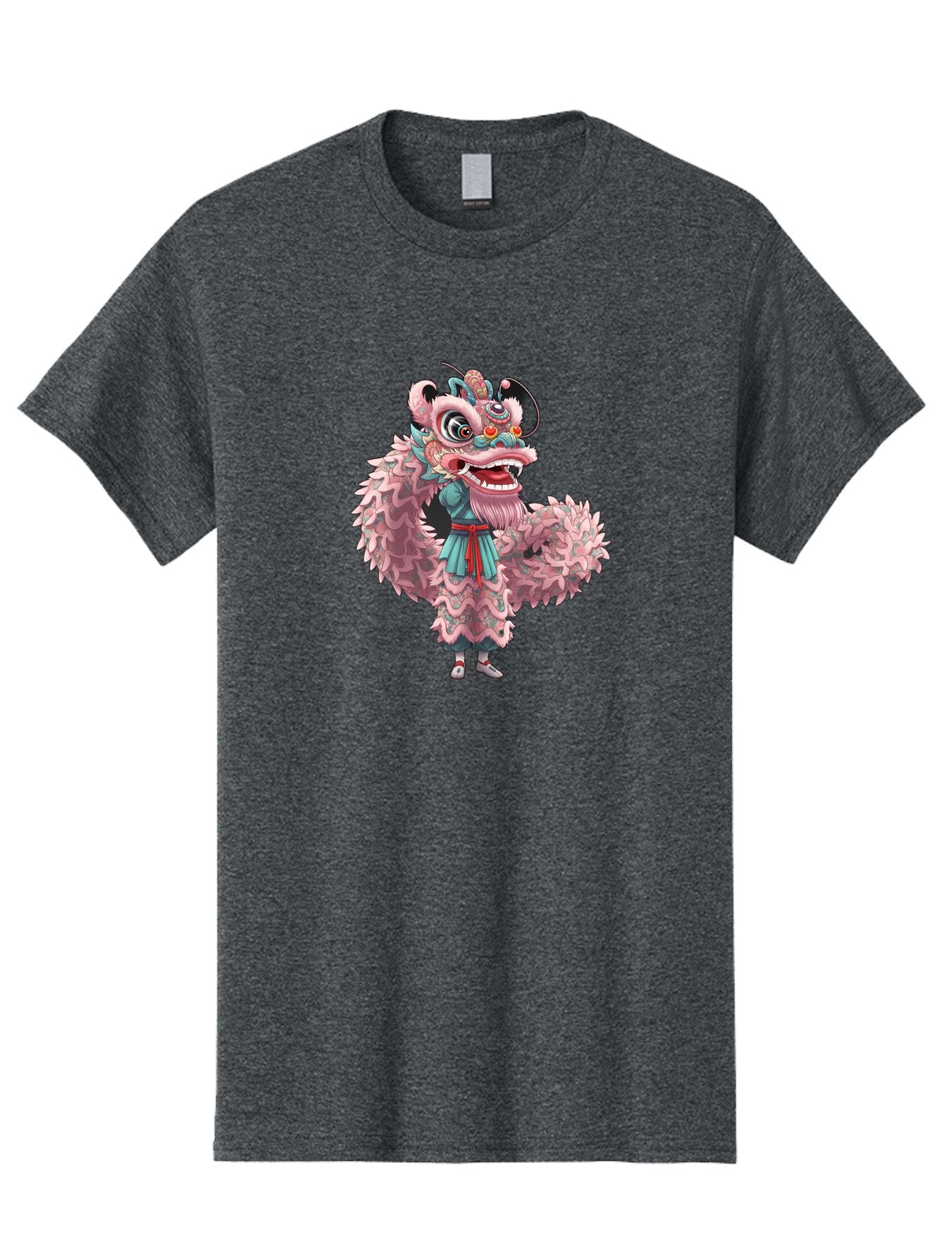 Pastel-Lion-Dance-Costume Men'S Graphic Tee, 100% Cotton, Comfortable Casual Summer Wear, Machine Washable, Lion Dance Costume, Traditional Chinese Dance, Cultural Heritage, Festive Atmosphere, Vibrant Colors, Pink Lion, Teal Robes, Red Sash, Bab068 3