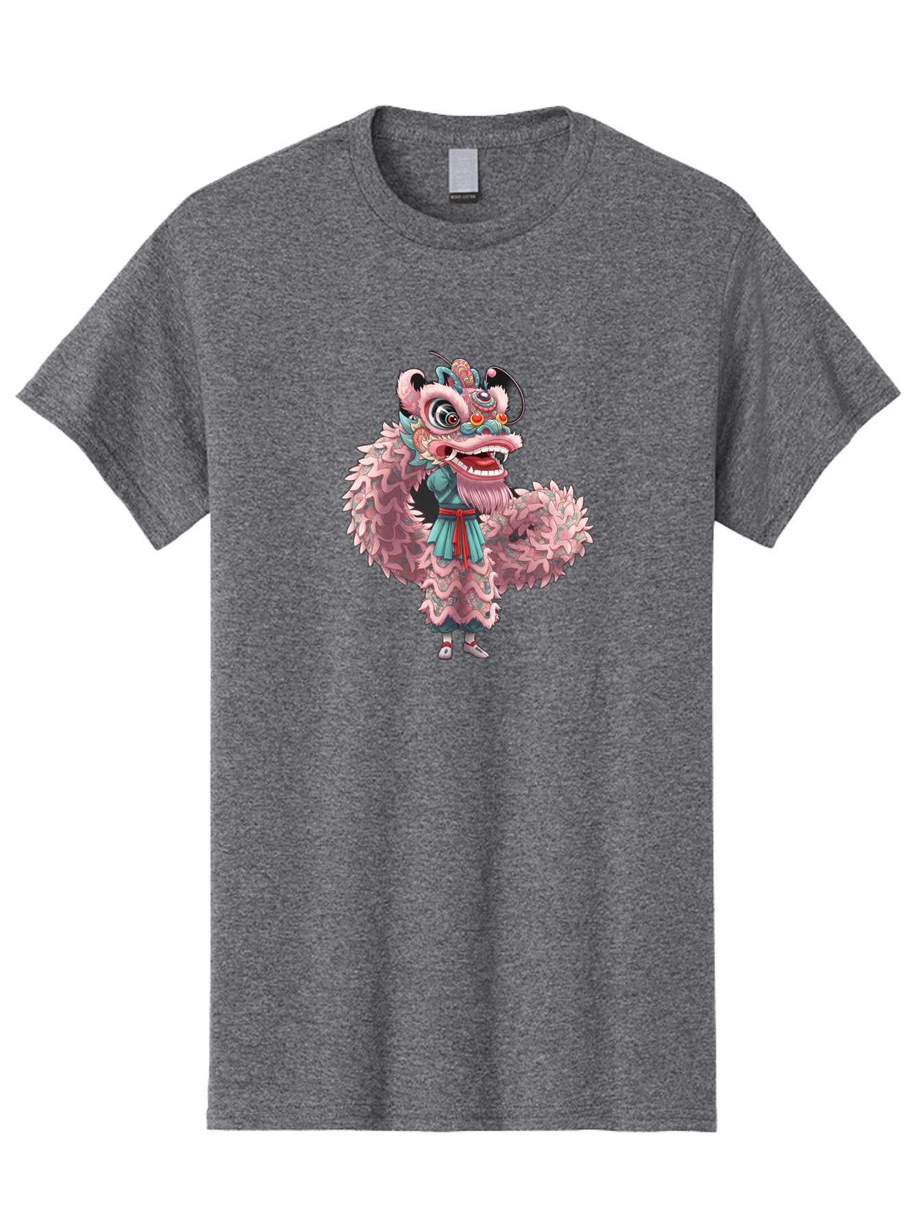 Pastel-Lion-Dance-Costume Men'S Graphic Tee, 100% Cotton, Comfortable Casual Summer Wear, Machine Washable, Lion Dance Costume, Traditional Chinese Dance, Cultural Heritage, Festive Atmosphere, Vibrant Colors, Pink Lion, Teal Robes, Red Sash, Bab068 10