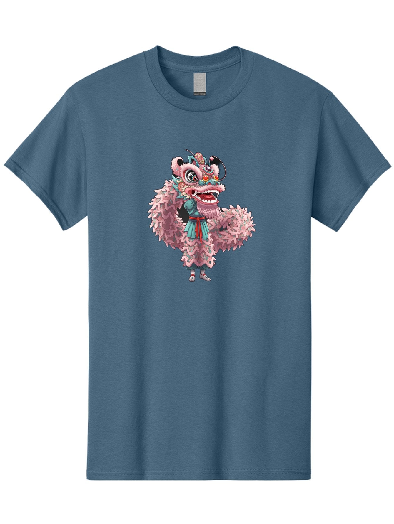 Pastel-Lion-Dance-Costume Men'S Graphic Tee, 100% Cotton, Comfortable Casual Summer Wear, Machine Washable, Lion Dance Costume, Traditional Chinese Dance, Cultural Heritage, Festive Atmosphere, Vibrant Colors, Pink Lion, Teal Robes, Red Sash, Bab068 12