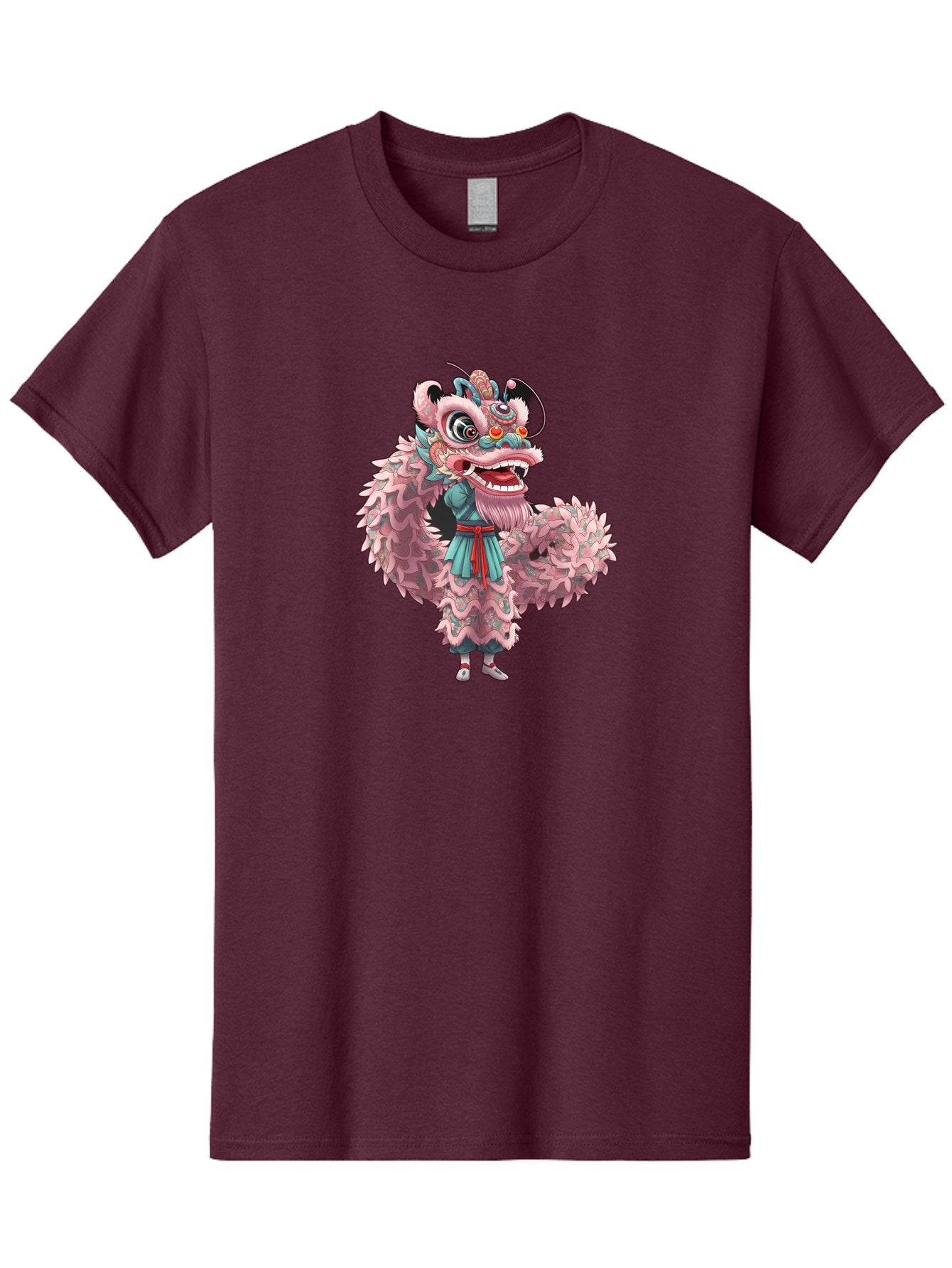 Pastel-Lion-Dance-Costume Men'S Graphic Tee, 100% Cotton, Comfortable Casual Summer Wear, Machine Washable, Lion Dance Costume, Traditional Chinese Dance, Cultural Heritage, Festive Atmosphere, Vibrant Colors, Pink Lion, Teal Robes, Red Sash, Bab068