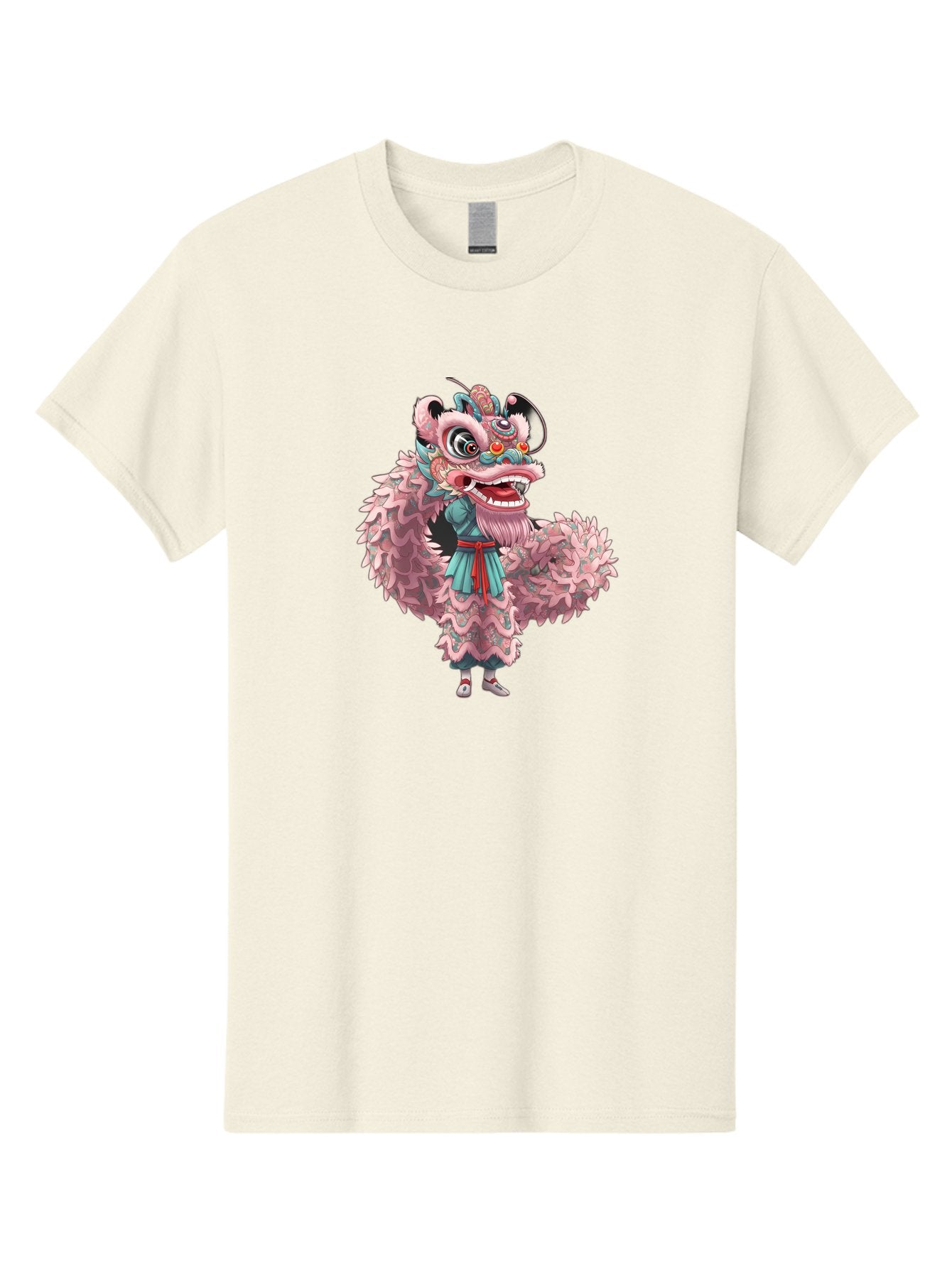 Pastel-Lion-Dance-Costume Men'S Graphic Tee, 100% Cotton, Comfortable Casual Summer Wear, Machine Washable, Lion Dance Costume, Traditional Chinese Dance, Cultural Heritage, Festive Atmosphere, Vibrant Colors, Pink Lion, Teal Robes, Red Sash, Bab068 8