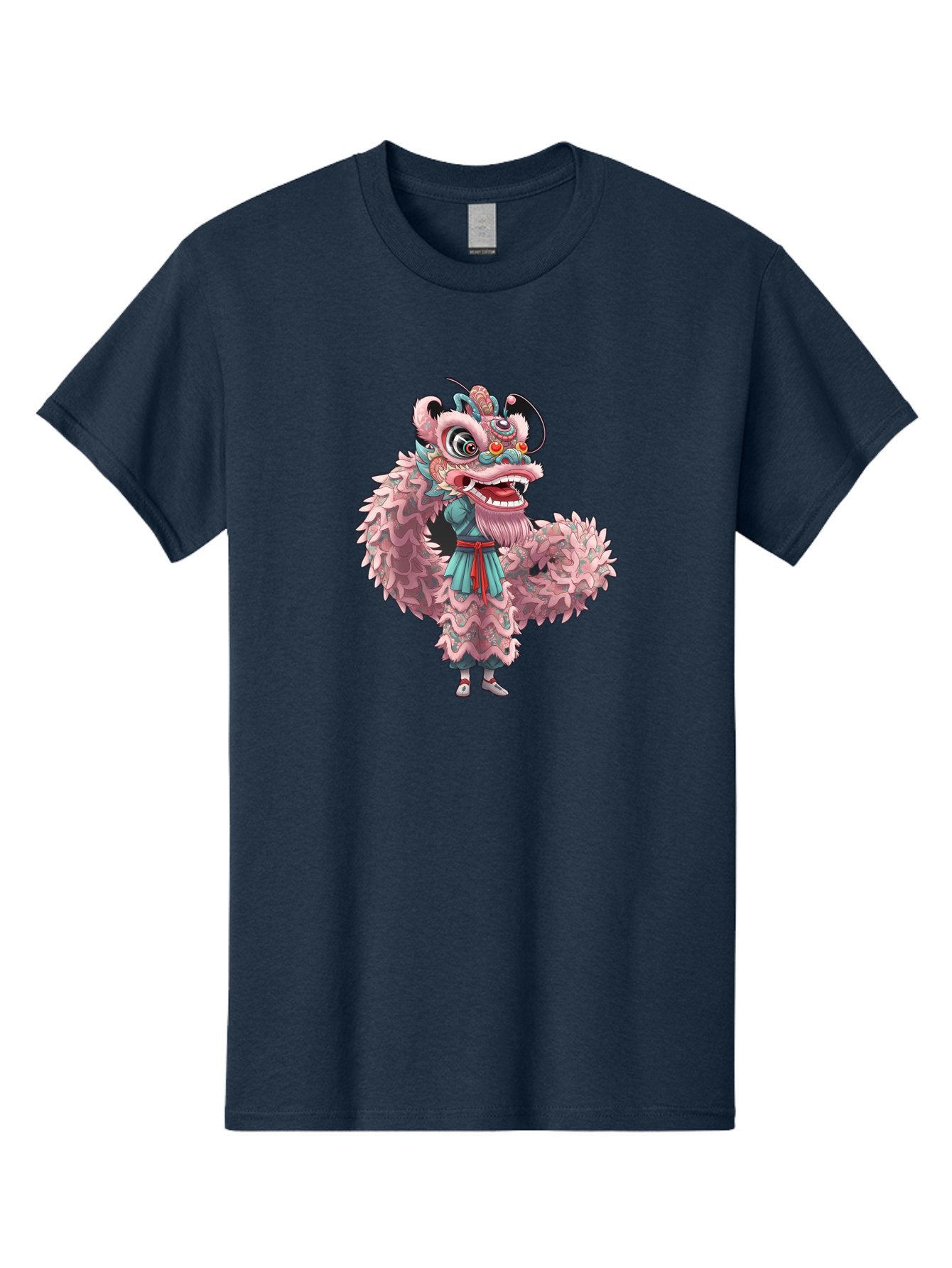 Pastel-Lion-Dance-Costume Men'S Graphic Tee, 100% Cotton, Comfortable Casual Summer Wear, Machine Washable, Lion Dance Costume, Traditional Chinese Dance, Cultural Heritage, Festive Atmosphere, Vibrant Colors, Pink Lion, Teal Robes, Red Sash, Bab068 14