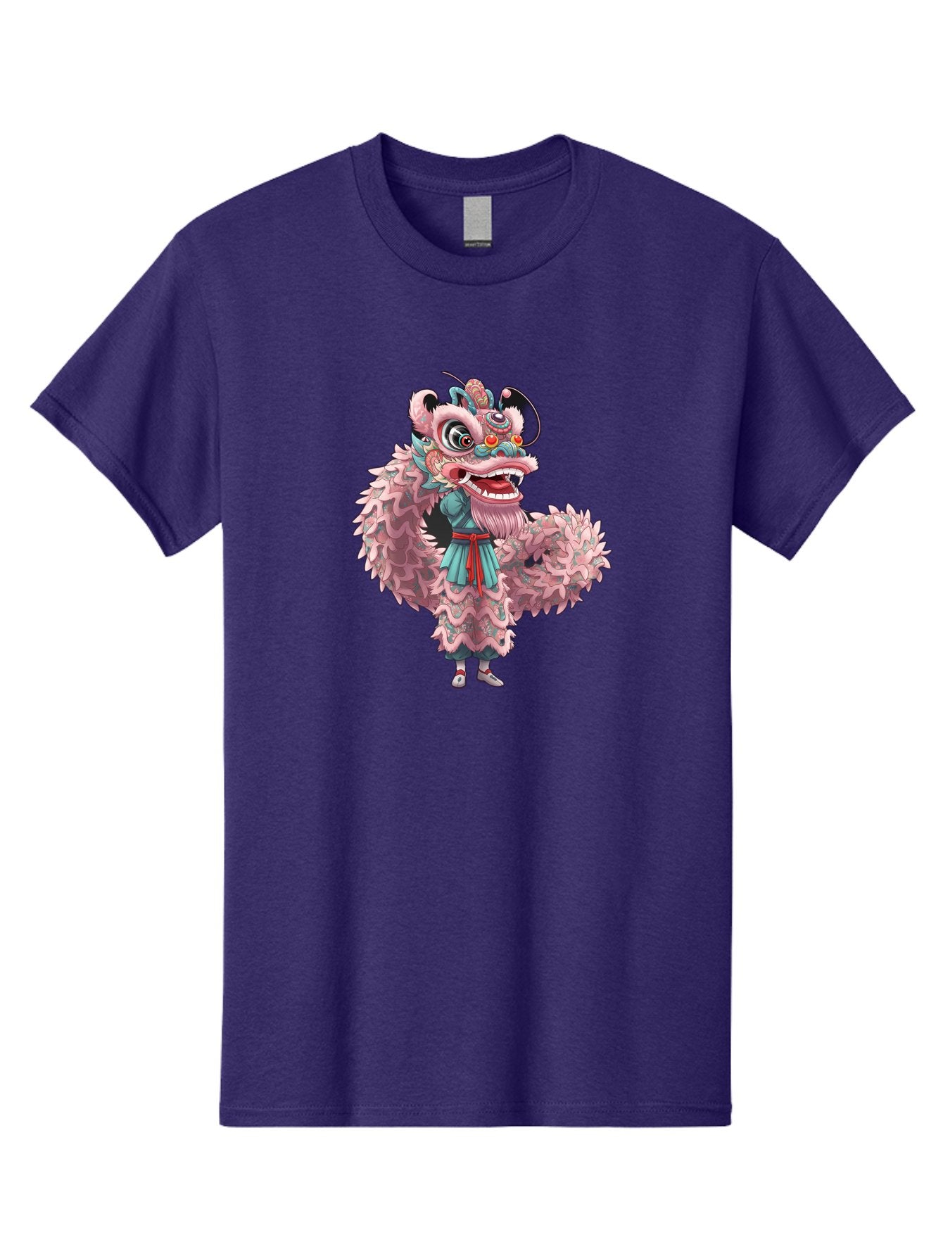 Pastel-Lion-Dance-Costume Men'S Graphic Tee, 100% Cotton, Comfortable Casual Summer Wear, Machine Washable, Lion Dance Costume, Traditional Chinese Dance, Cultural Heritage, Festive Atmosphere, Vibrant Colors, Pink Lion, Teal Robes, Red Sash, Bab068 5