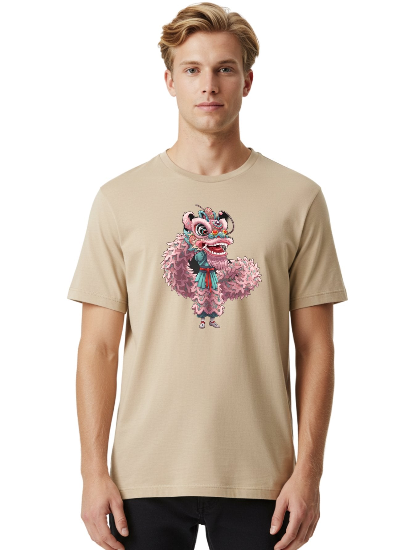 Pastel-Lion-Dance-Costume Men'S Graphic Tee, 100% Cotton, Comfortable Casual Summer Wear, Machine Washable, Lion Dance Costume, Traditional Chinese Dance, Cultural Heritage, Festive Atmosphere, Vibrant Colors, Pink Lion, Teal Robes, Red Sash, Bab068 30