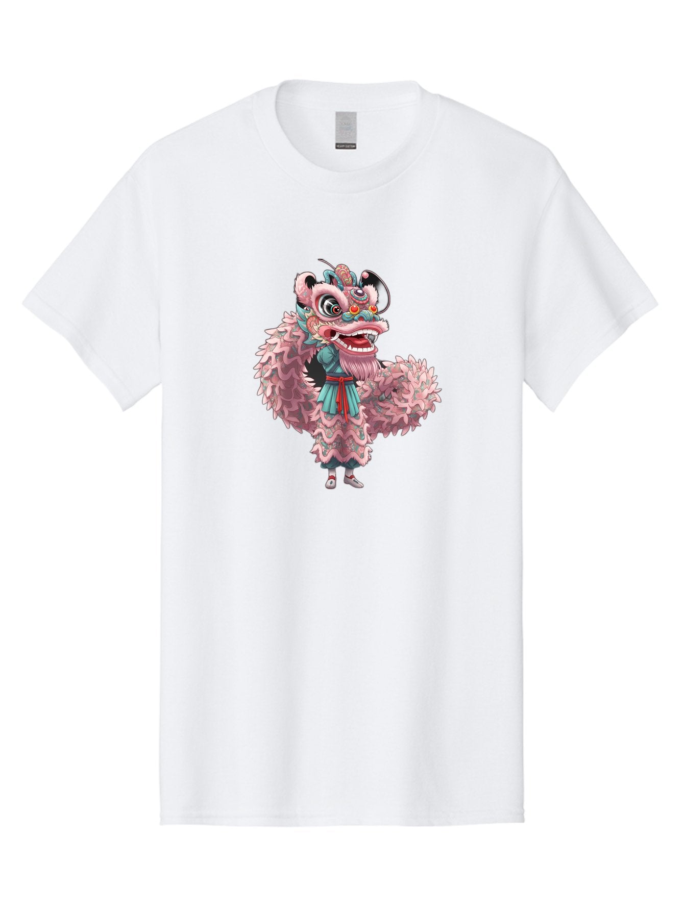 Pastel-Lion-Dance-Costume Men'S Graphic Tee, 100% Cotton, Comfortable Casual Summer Wear, Machine Washable, Lion Dance Costume, Traditional Chinese Dance, Cultural Heritage, Festive Atmosphere, Vibrant Colors, Pink Lion, Teal Robes, Red Sash, Bab068