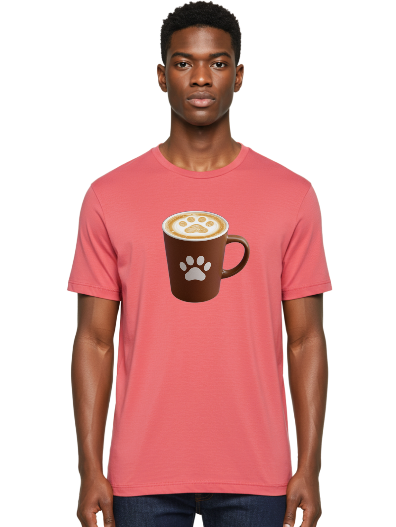 Paw-Print-Coffee-Cup Men'S Graphic Tee, 100% Cotton, Comfortable Casual Summer Wear, Machine Washable, Coffee Cup, Paw Print Design, Latte Art, Cappuccino, Pet Friendly Coffee, Animal Print, Coffee Lover Gift, Cat Paw Print, Dog Paw Print Bab069