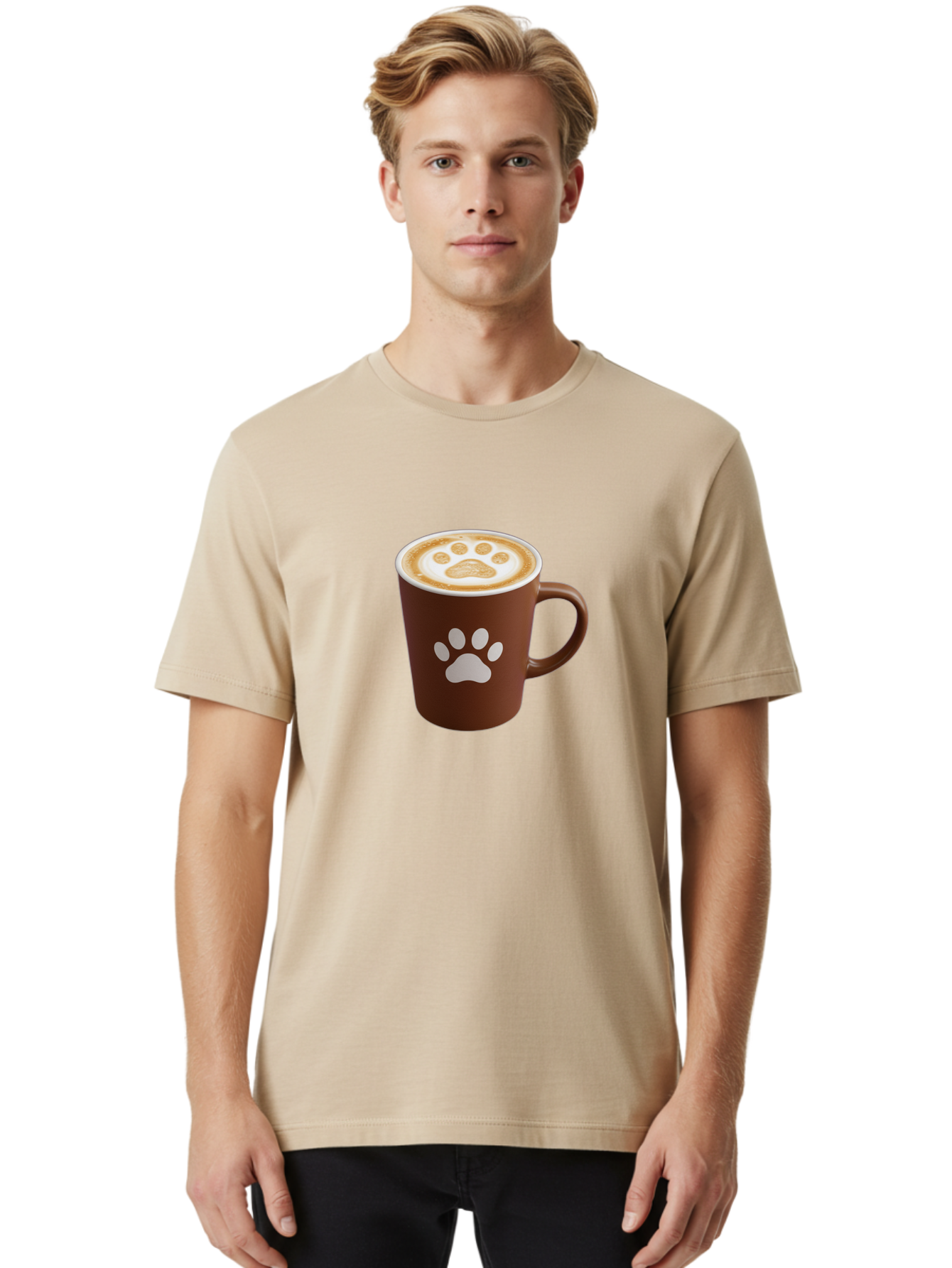 Paw-Print-Coffee-Cup Men'S Graphic Tee, 100% Cotton, Comfortable Casual Summer Wear, Machine Washable, Coffee Cup, Paw Print Design, Latte Art, Cappuccino, Pet Friendly Coffee, Animal Print, Coffee Lover Gift, Cat Paw Print, Dog Paw Print Bab069 14
