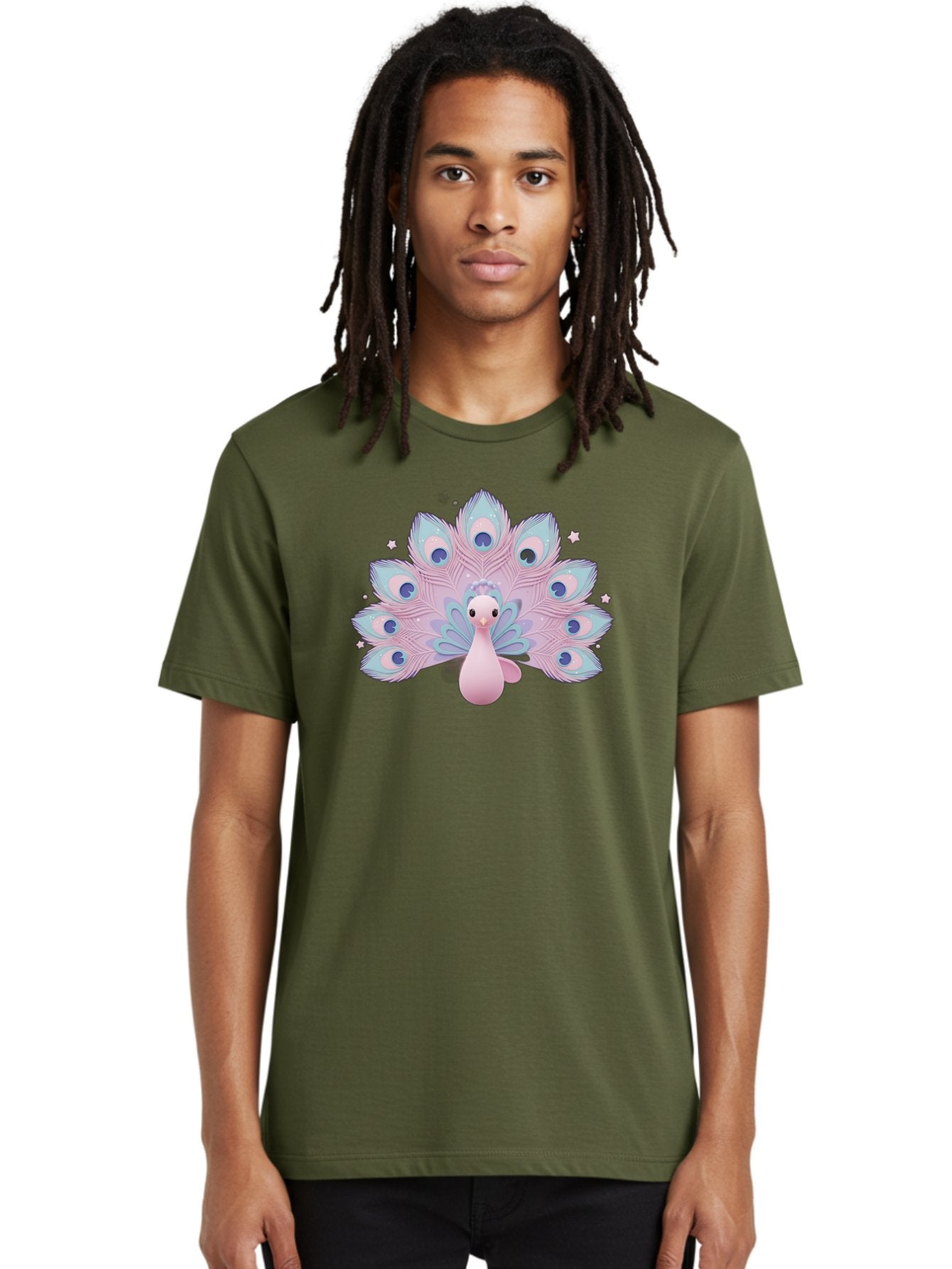 Peacock-1 Men'S Graphic Tee, 100% Cotton, Comfortable Casual Summer Wear, Machine Washable, Cartoon Peacock, Pink Peacock, Blue Feathers, Fantasy Bird, Majestic Plumage, Vibrant Colors, Pastel Hues, Whimsical Design, Stylized Artwork, Bab070 17