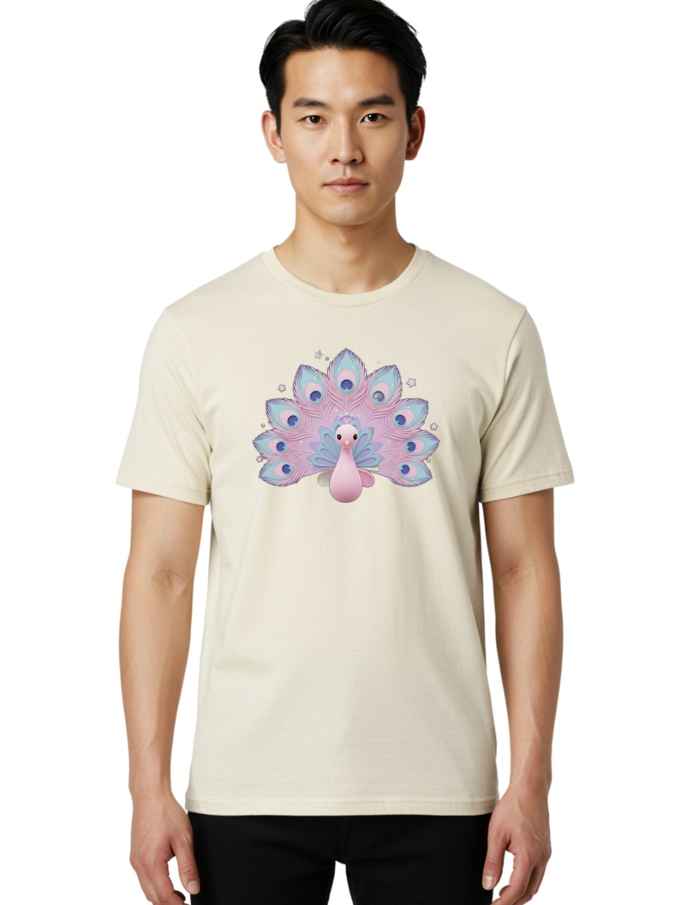 Peacock-1 Men'S Graphic Tee, 100% Cotton, Comfortable Casual Summer Wear, Machine Washable, Cartoon Peacock, Pink Peacock, Blue Feathers, Fantasy Bird, Majestic Plumage, Vibrant Colors, Pastel Hues, Whimsical Design, Stylized Artwork, Bab070 19