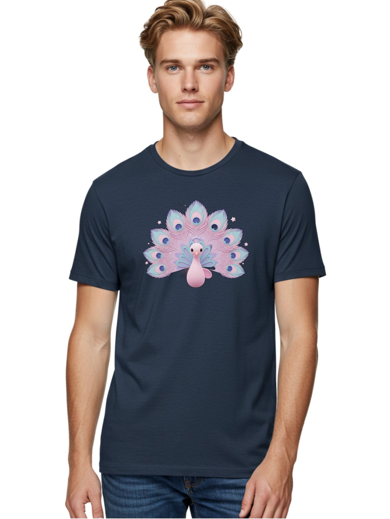 Peacock-1 Men'S Graphic Tee, 100% Cotton, Comfortable Casual Summer Wear, Machine Washable, Cartoon Peacock, Pink Peacock, Blue Feathers, Fantasy Bird, Majestic Plumage, Vibrant Colors, Pastel Hues, Whimsical Design, Stylized Artwork, Bab070 26