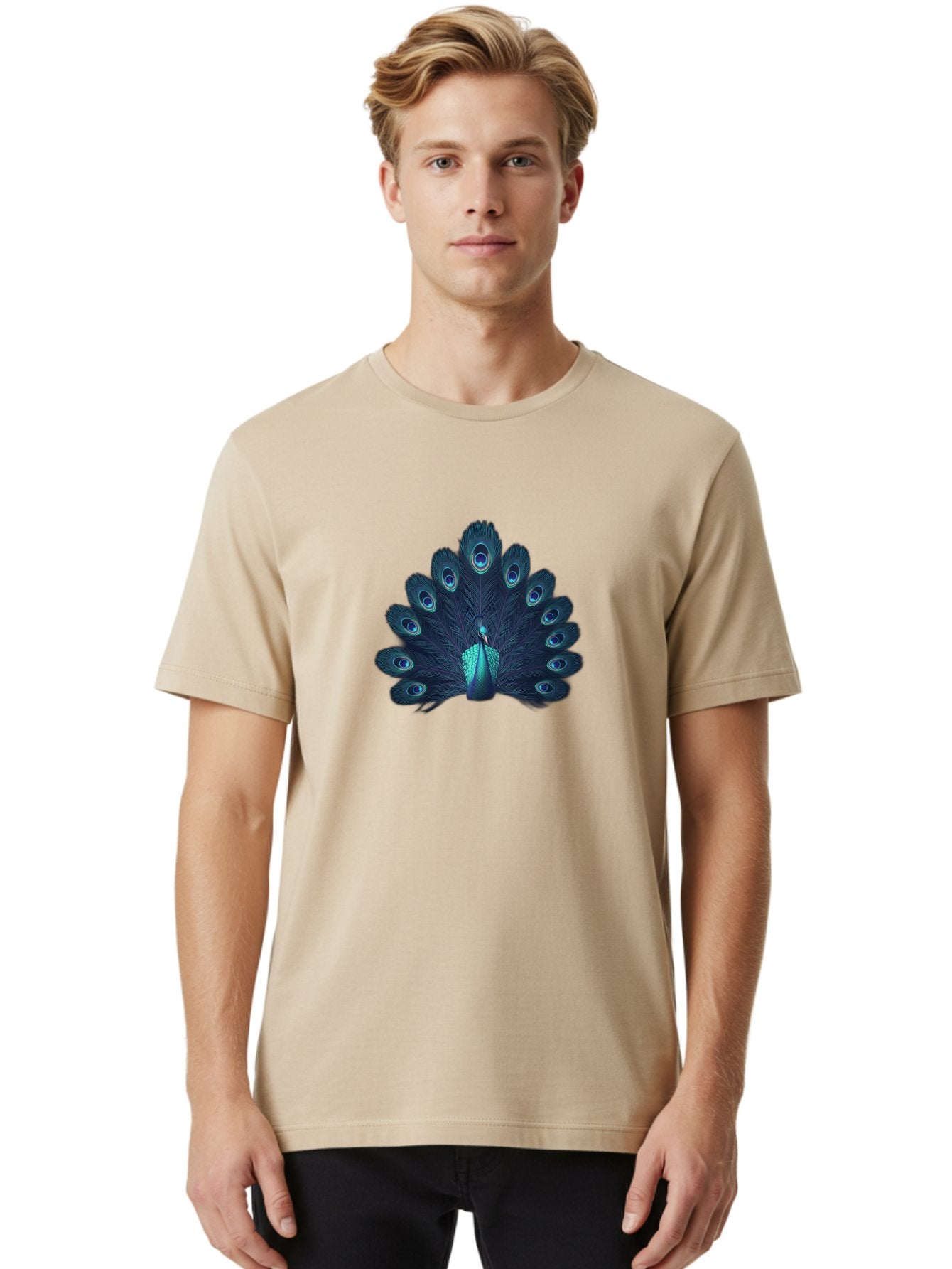 Peacock-10 Men'S Graphic Tee, 100% Cotton, Comfortable Casual Summer Wear, Machine Washable, Peacock Spreading Its Feathers, Blue Eyespots, Vibrant Plumage, Majestic Bird, Iridescent Colors, Natural Beauty, Exotic Wildlife, Stunning Display Bab071 27