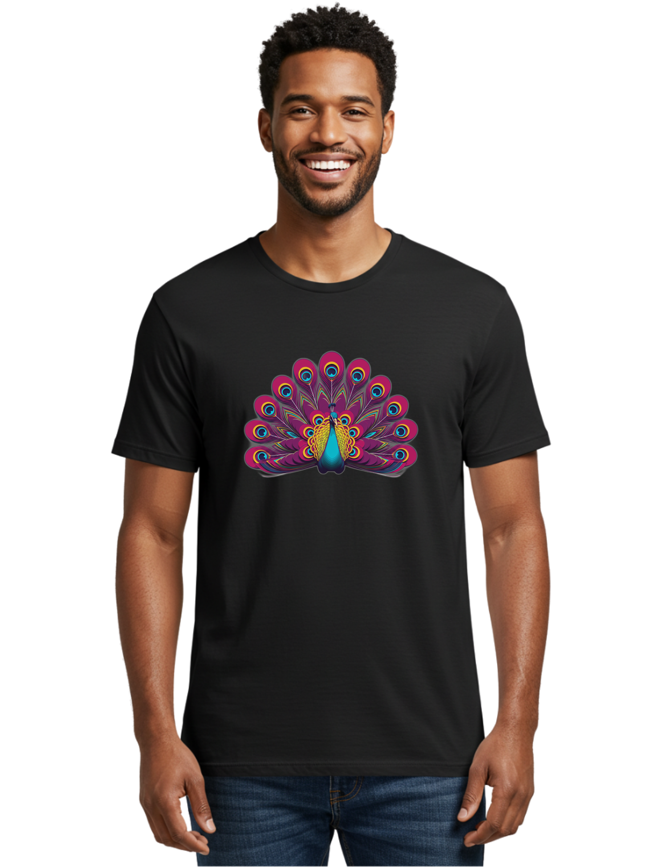 Peacock-11 Men'S Graphic Tee, 100% Cotton, Comfortable Casual Summer Wear, Machine Washable, Vibrant Peacock, Colorful Plumage, Eye-Catching Feathers, Magenta And Blue Hues, Turquoise Body, Intricate Patterns, Majestic Display, Bab072