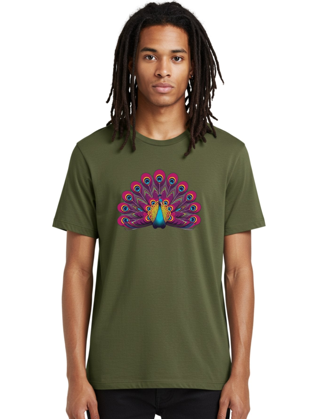 Peacock-11 Men'S Graphic Tee, 100% Cotton, Comfortable Casual Summer Wear, Machine Washable, Vibrant Peacock, Colorful Plumage, Eye-Catching Feathers, Magenta And Blue Hues, Turquoise Body, Intricate Patterns, Majestic Display, Bab072 25