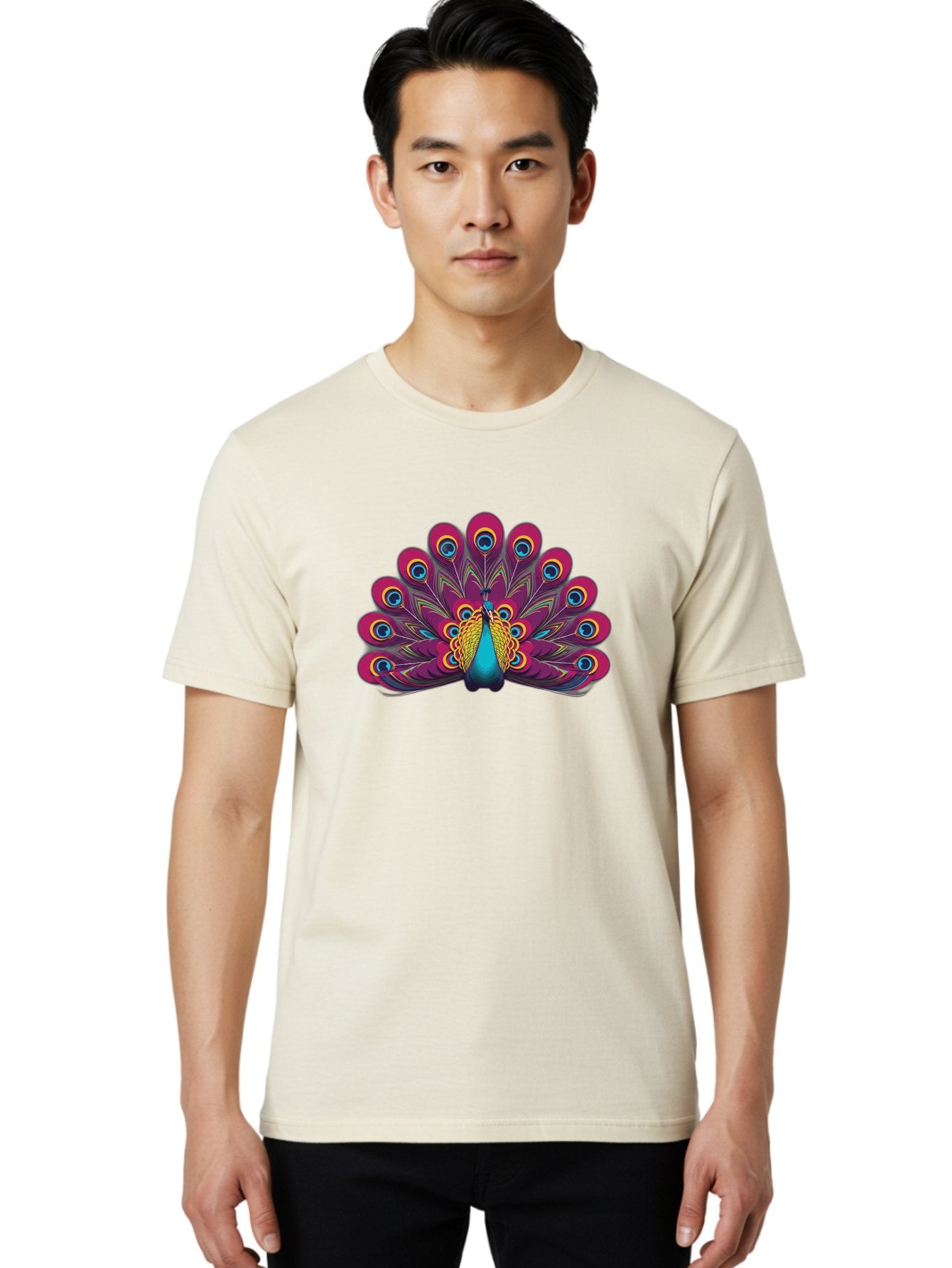 Peacock-11 Men'S Graphic Tee, 100% Cotton, Comfortable Casual Summer Wear, Machine Washable, Vibrant Peacock, Colorful Plumage, Eye-Catching Feathers, Magenta And Blue Hues, Turquoise Body, Intricate Patterns, Majestic Display, Bab072 23