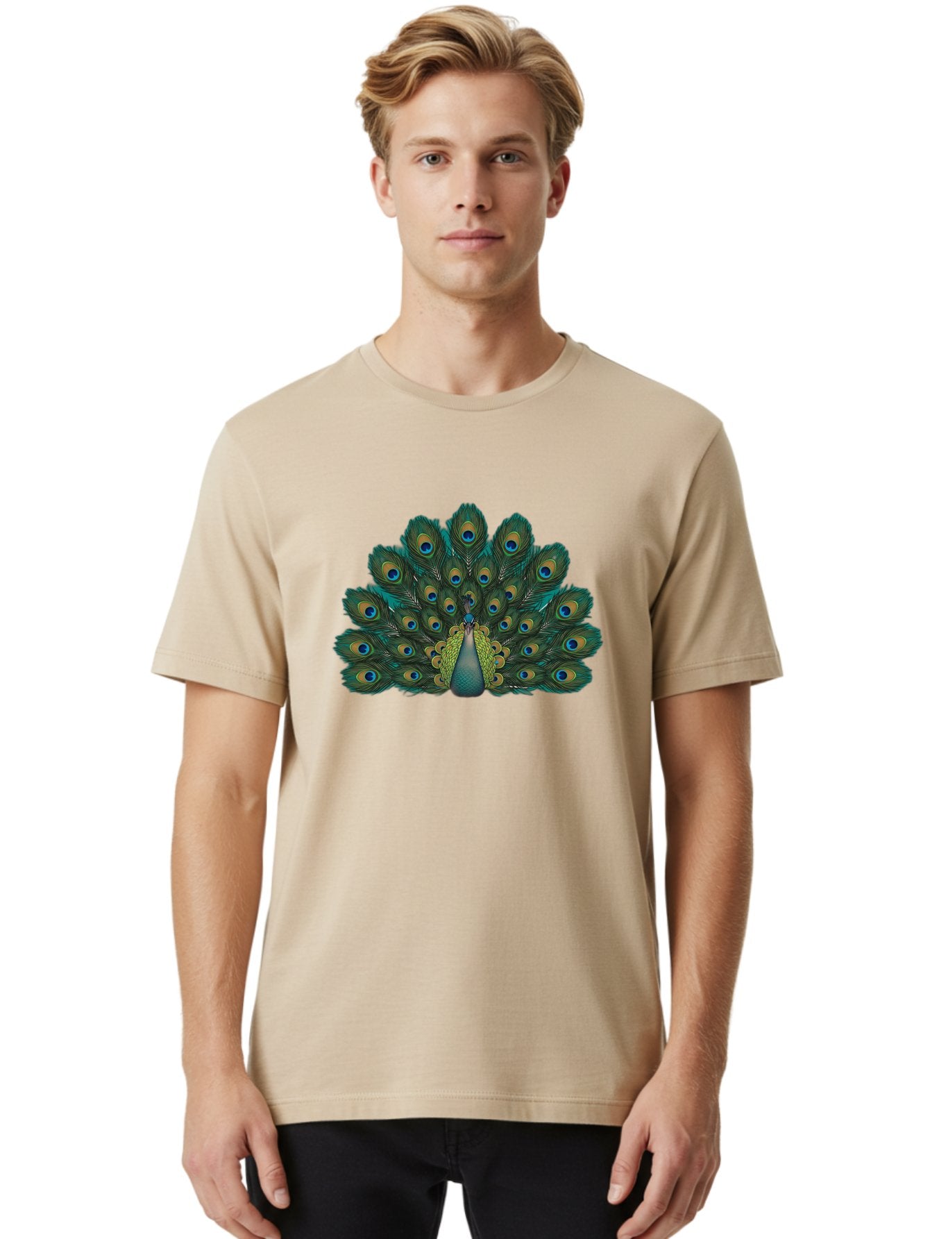 Peacock-13 Men'S Graphic Tee, 100% Cotton, Comfortable Casual Summer Wear, Machine Washable, Peacock With Spread Tail, Vibrant Plumage, Blue And Green Feathers, Eye Spots, Majestic Bird, Exotic Creature, Beautiful Display, Nature'S Artistry, Bab074 17